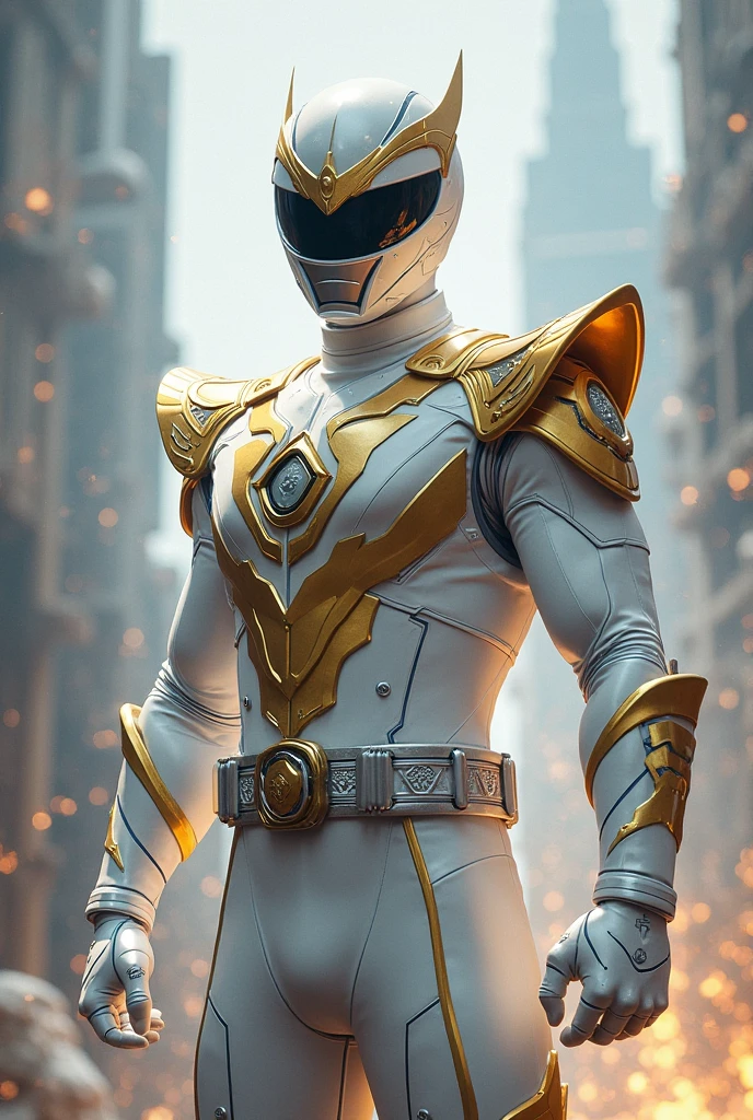 tall person in
silver powerranger suit with a gold diamond pattern . a hexagon belt buckel with gold gem a silver helmet no extra on belt no white lines on gloves. gold gloves