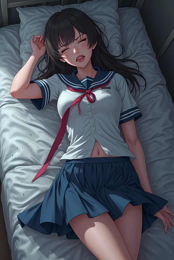 absurdres, RAW photo, extremely delicate and beautiful, masterpiece, Best Quality, ultra high resolution, 32k, hyperrealistic, ultra-detailed, ((perfect anatomy)), super Detailed skin, perfect figure, Very detailed CG 8k wallpaper, in her 20s, very small head, very small face, delicate facial features, tearful mole, earring, very huge round breasts, full body shot, shorter middle hair, wavy hair, outdoor, ((((school uniform)))), bed, lie on one's back,