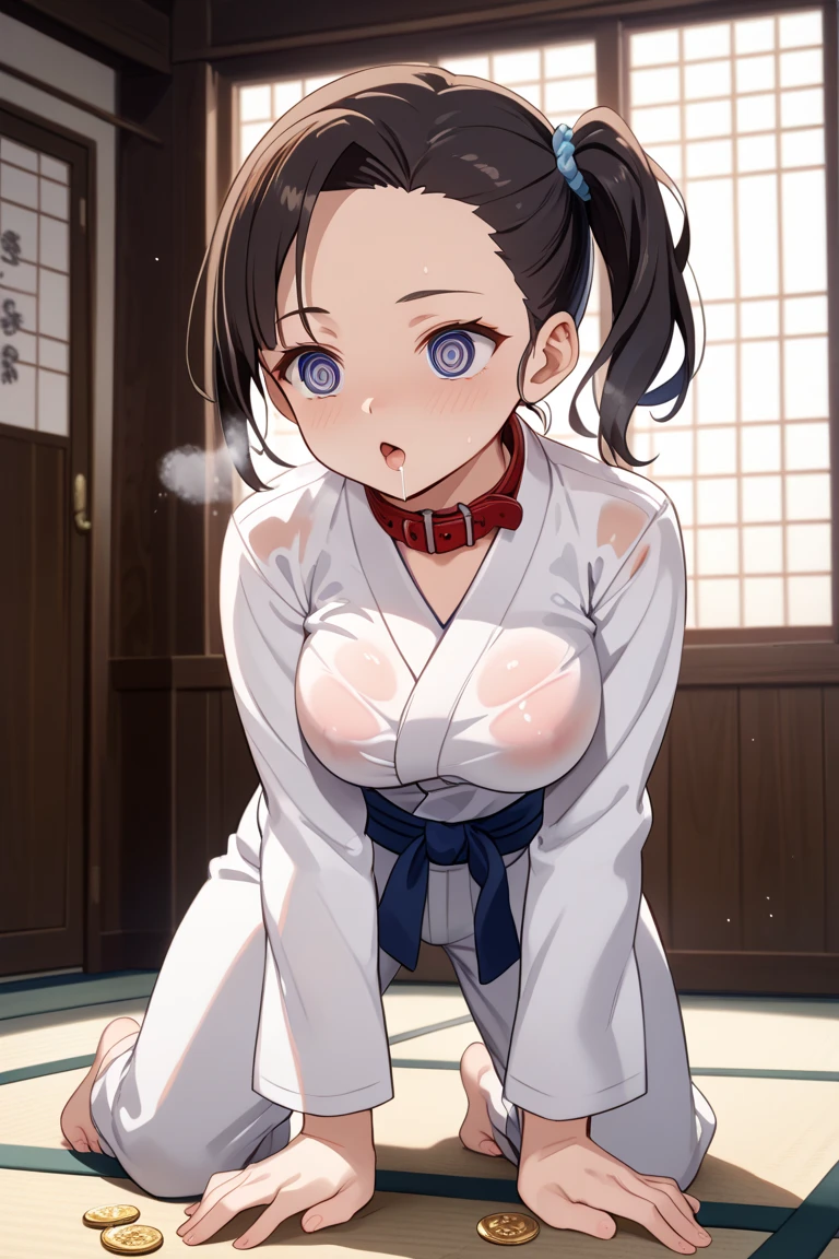 best quality, masterpiece, highres, solo, {kaga_kantaicollection:1.15}, brown_hair, side_ponytail, brown_eyes, short_hair, breasts, long_hair, 1girl, hakama, hakama_skirt, japanese_clothes, skirt, tasuki, hakama_short_skirt, blue_hakama, looking_at_viewer, muneate, simple_background, Sexy. black_thighhighs, large_breasts, sitting, thighhighs (touch pussy)(transparent off nipples under white hakama, )