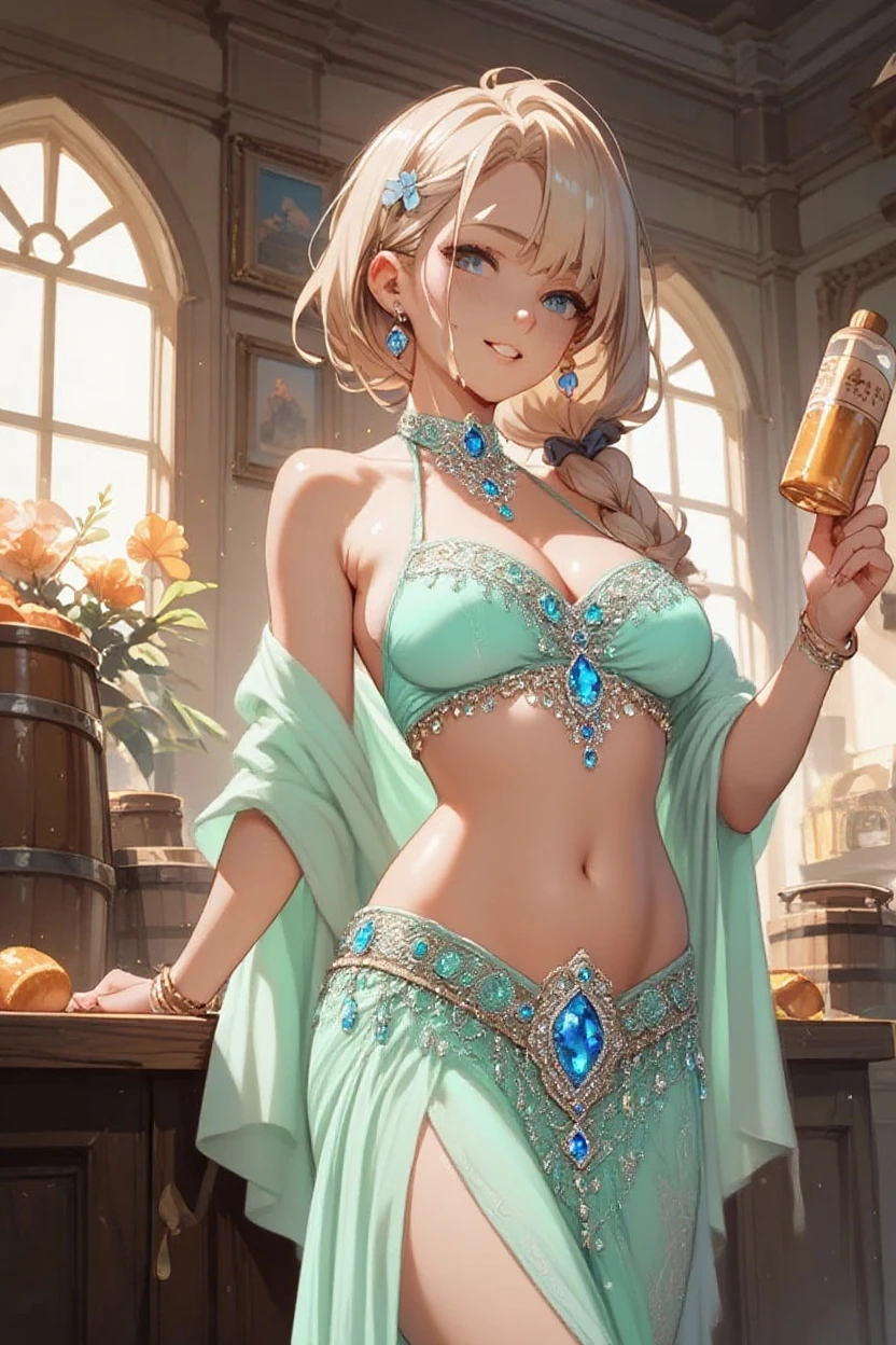 Please follow all prompts below exactly and faithfully. This is a breathtaking masterpiece of digital illustration, with maximum resolution, UHD, 512K, 2160p, 10 million ppi, 300 million dpi, natural color tones, ultra sharp details, perfect outlines with contrast, ((smooth, soft and clearly and most realistic skin and hair texture)), most beautiful detailed eye features, perfect anatomically correct human body, beautiful background with depth, rule of thirds, depth of field, Maximize all element is used to its full potential to create the best digital illustrations, A very sexy mature elegant slut with a perfect body style, beautiful sharp face, slim figure, gravity defying large breasts, beautiful green eyes (with shiny blonde shaggy cut short hair), bangs covering one eye, glossy sensual very shiny thick lips and striking pink lipstick, sexy smile,
A woman drinking tea at a lakeside lodge in a fantasy world. Halter-neck dress with vibrant colors and patterns, flowing skirt, intricate embroidery, shimmering fabric, delicate lace trim, sparkling gemstones, ethereal glow, magical aura, enchanted symbols, elegant design, whimsical motifs, fairy-tale elegance, mystical runes, celestial patterns, radiant hues, enchanted threads, otherworldly charm, fantastical details, luminous accents, enchanted embellishments. Forest lake with a table and chairs. Holding a teacup with dynamic movement.