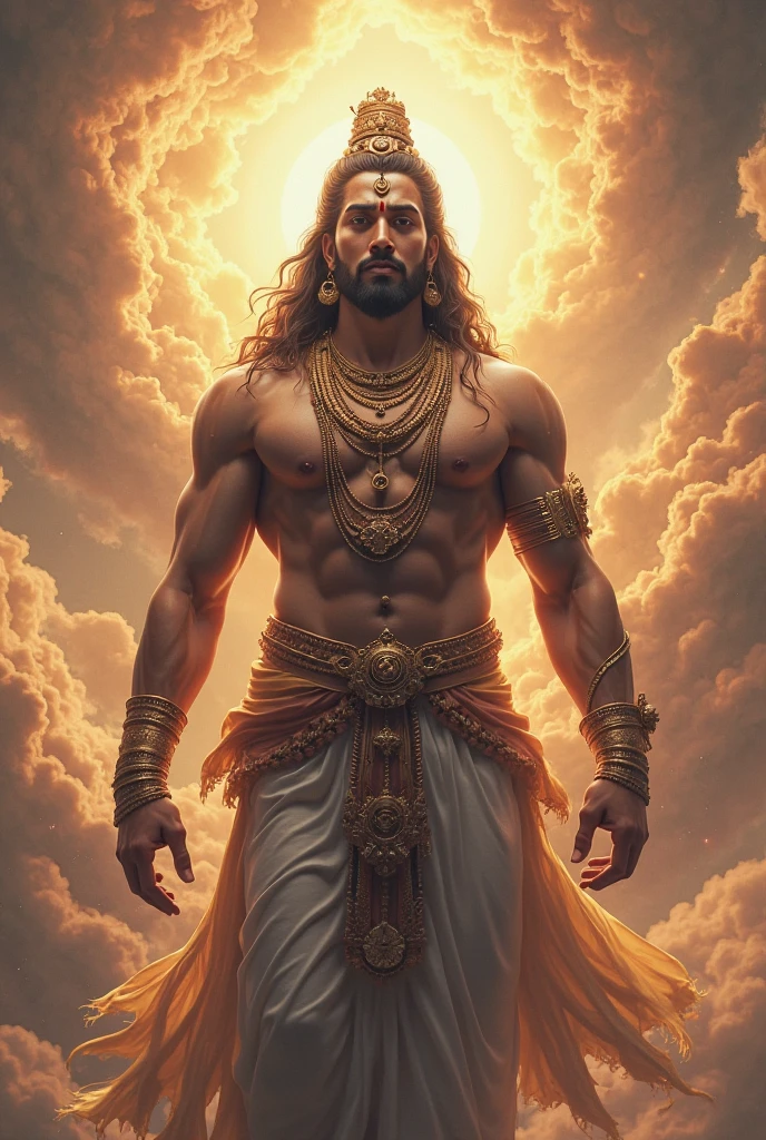 lord krishna in White clothes in peacock tail in Head and normal skin, standing position, background war land