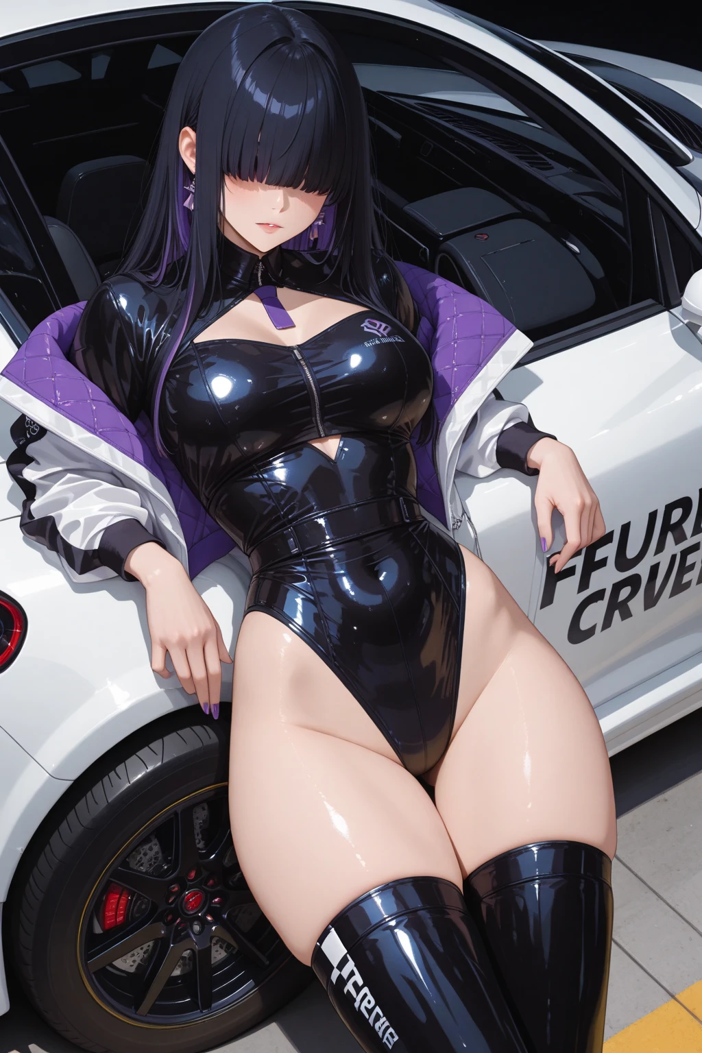 ((perfect hands)), ((perfect anatomy)), (((komi_shouko))), purple hair, ponytail, purple eyes, large breast, wet body, race queen, unbottened nomex, dark blue nomex, black gloves, street race circuit, sit on a race sport car, enamel, glint
