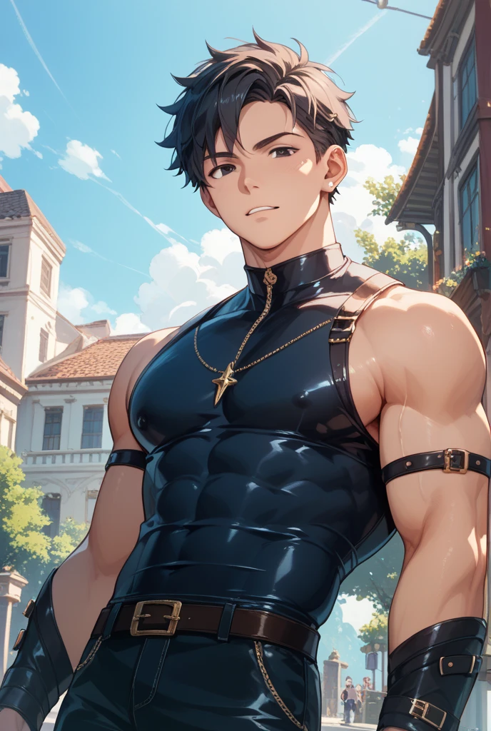 1boys, hombre de piel morena, Brown hair, cara seria, ojos azules, musculoso, grandes musculos, traje deportivo, cadenas, guantes, pose pelea