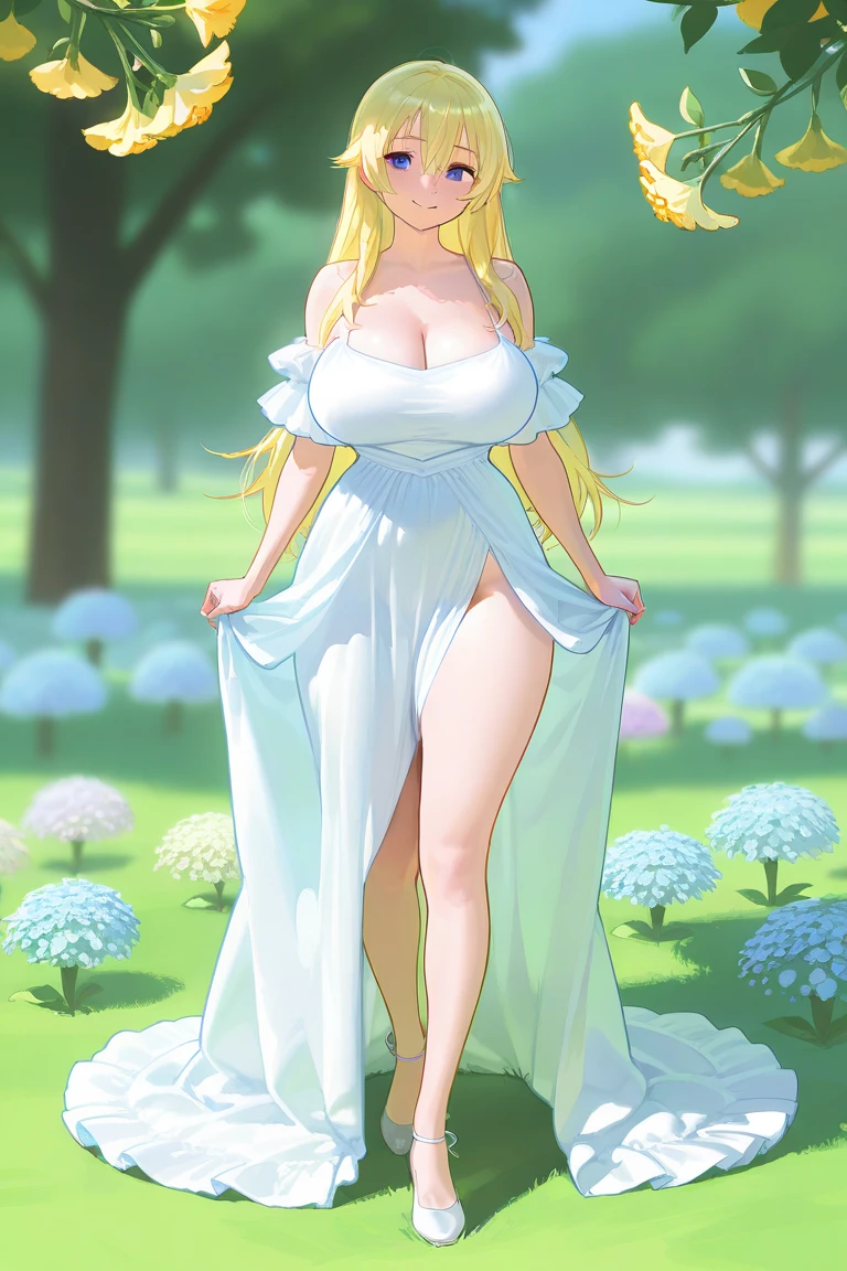 Best quality, ultra-high-detailed, in a seductive pose. Detailed happy face, detailed full body, big breast, curvy ass, oily skin, symmetric face, cute, with a belly pin, ponytail hairstyle, blonde elf girl with long wavy hair and blue eyes, pussy cameltoe in a blue long see through sheer dress with gold embroidery, top stripped at breast making her breast naked, standing in front of a waterfall in a dense forest, butterflies flying around her, enjoying the nature, solo, wind blowing lift ups her sheer and her pussy is visible