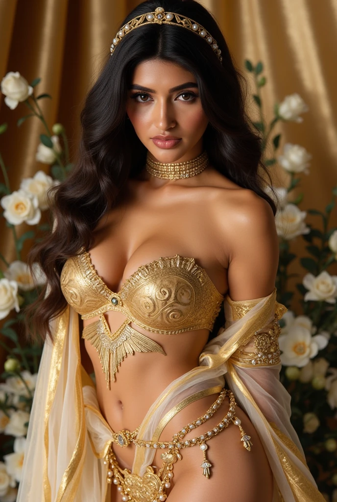 Generate for me the most beautiful Algerian woman. I want her to have an incredible outfit with a lot of detail and many pieces of jewelry, even more beautiful than Miss Universe, with a hat, all in 8K and ultra-realistic