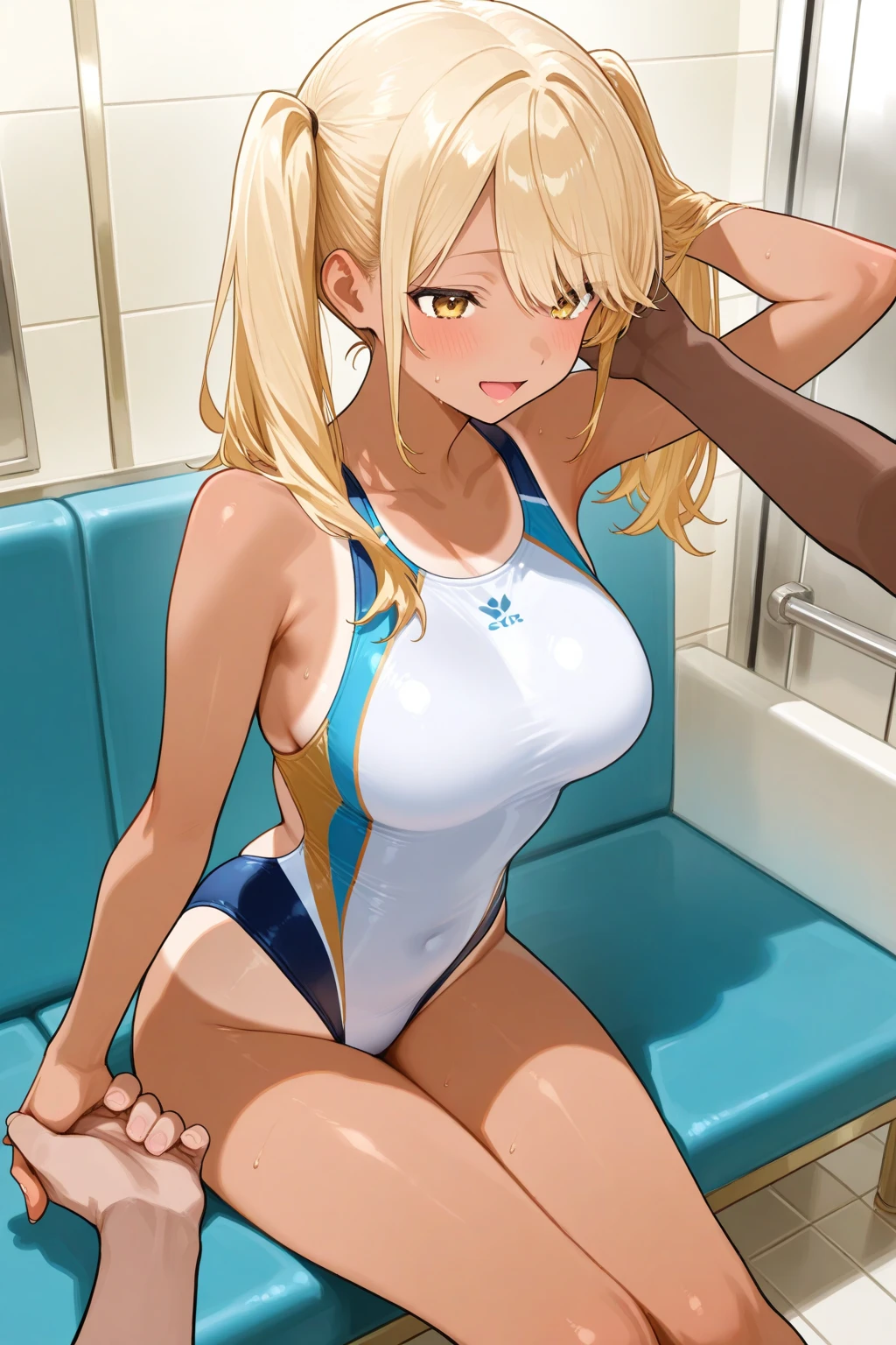 prison,1 high school girl,blonde,ponytail,blue eyes,Big Breasts,blush,Sweat,Untidy face,White leotard,Super High Leg Cut,barefoot,Prone,Lying down,Sticking out tongue,saliva,looks happy,tickle,joy,shy,tears,Ahegao,