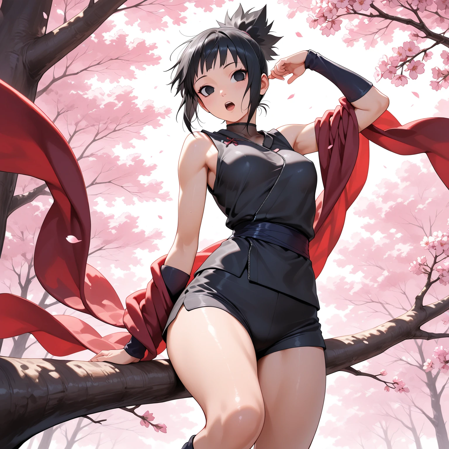 Black short-haired girl with doll head and flat chest,Demon horn,kimono,underwear,Bare Legs,barefoot,Standing,On the torii gate