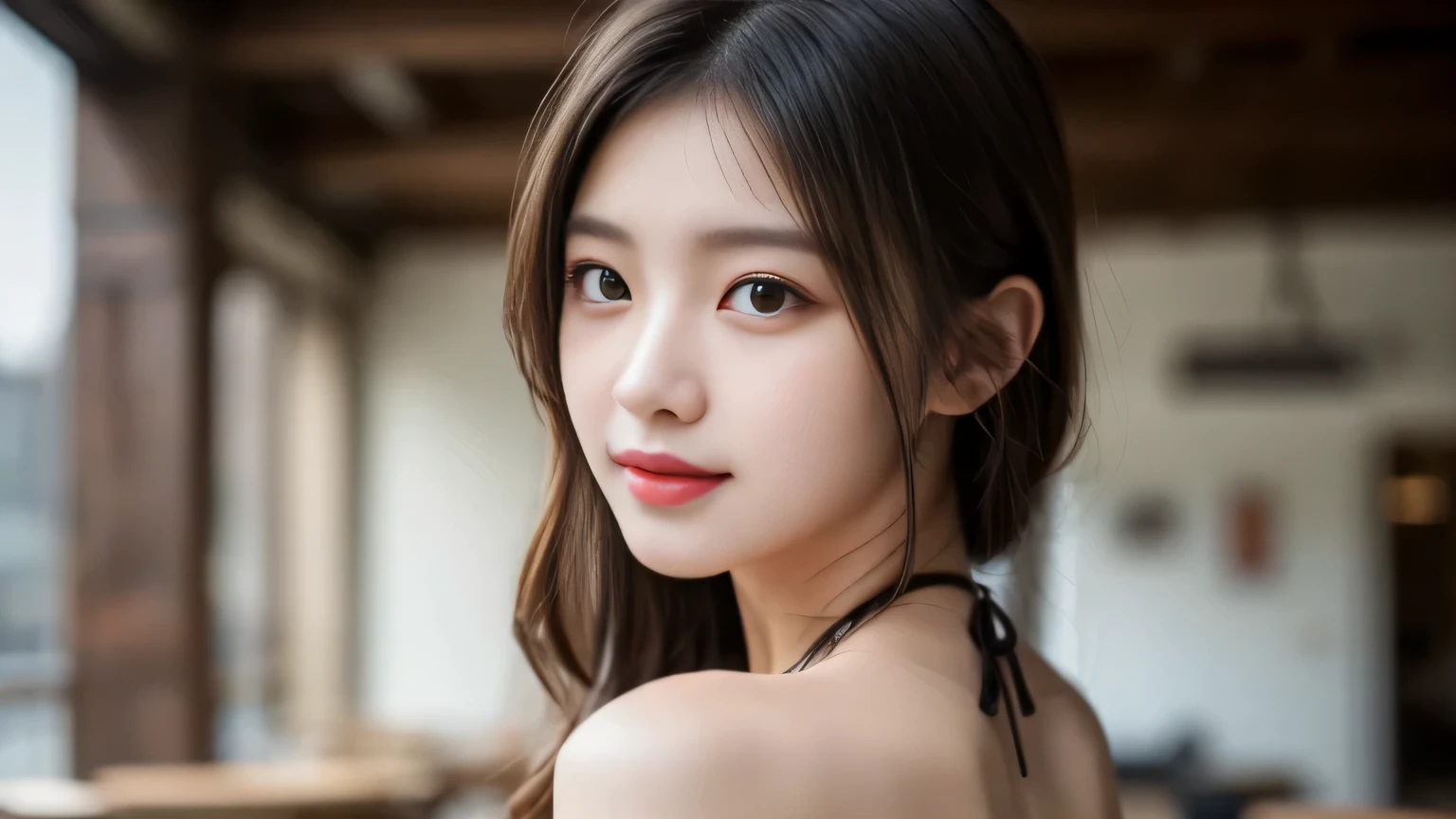 masterpiece,best quality,1girl,white background,black hair,Slicked Hair,face front,emotional face,studio light,studio,side light,makeup portrait,medium breasts,white skin,shiny skin,model,long hair,<lora:timo_v1:0.6>,