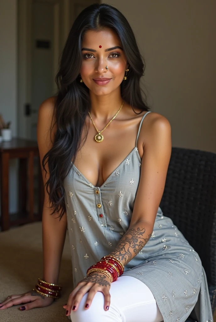 (best quality,4k,8k,highres,masterpiece:1.2),ultra-detailed,(realistic,photorealistic,photo-realistic:1.37), light skin black girl,beautiful model,(attractive,sexy),(big bty:1.1),brown hair,green eye,brown eye,ruemor, D big size breasts full body, (vivid colors),(sharp focutreme detail description),studio lighting,UHD,(physically-based rendering), seated on a bed with a genuine smile, wearing a cowgirl brown dress adorned with intricate fringe detailing, earthy tones, and authentic leather accents. Picture the model confidently donning the ensemble, perhaps with a classic cowboy hat perched atop windswept waves, brown bra with big cleavage, dark clothes