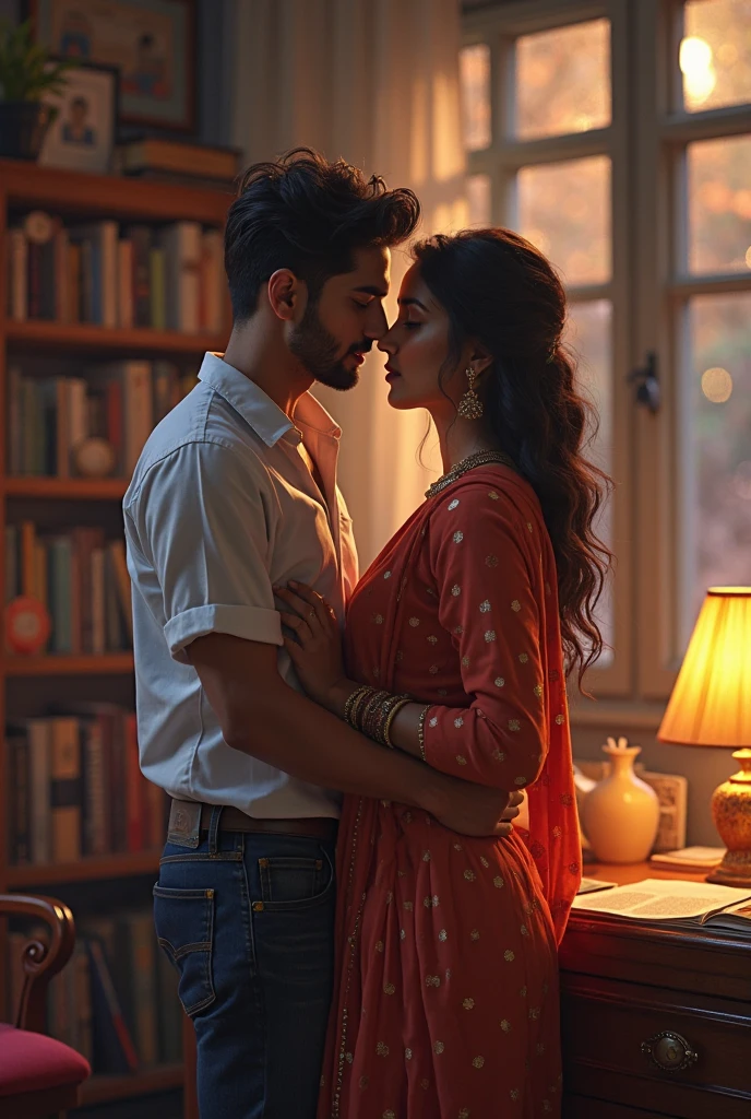 indian wife her husband and her sister are having a secret erotic sexual affair in their home. they sitting on the couch, discreet threesome. wife is wearing a sheer transparent sari, sister is wearing a floral front open shirt. man is wearing a shirt. they hug each other and grope the breast