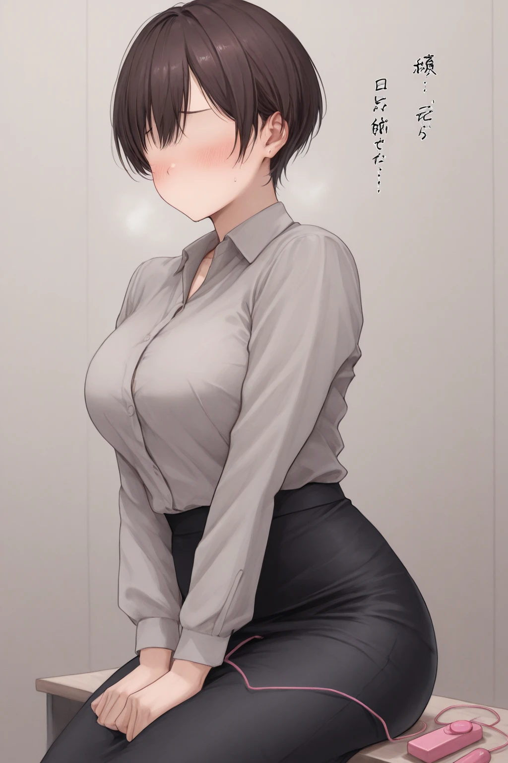 , ((High resolution)),masterpiece, high quality, 最high quality, beautiful, perfect lighting, detailed face, super cute face, ((1 girl)), ((alone), short brown hair, fluffy hair, embarrassed look, ((blush)), looking at the viewer, ((Forehead))、:d、parted bangs、asymmetrical bangs、put your hand on your waist, standing in office, (office), daytime, dress shirt, pencil skirt, (tight clothes), (Chubby), (thigh height), (wide hips), ((thick thighs)), medium breasts, cleavage, perky chest, 24 year old female,Silver bracelet type transformation item