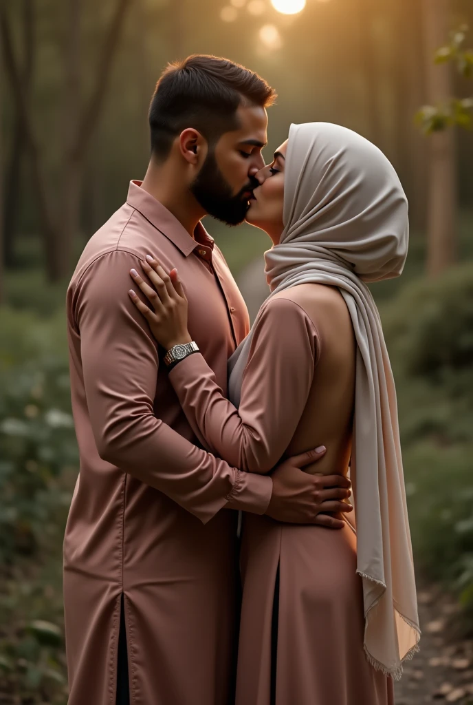 with black headscarf , black skirt, barefoot woman kissing her boyfriend in the park