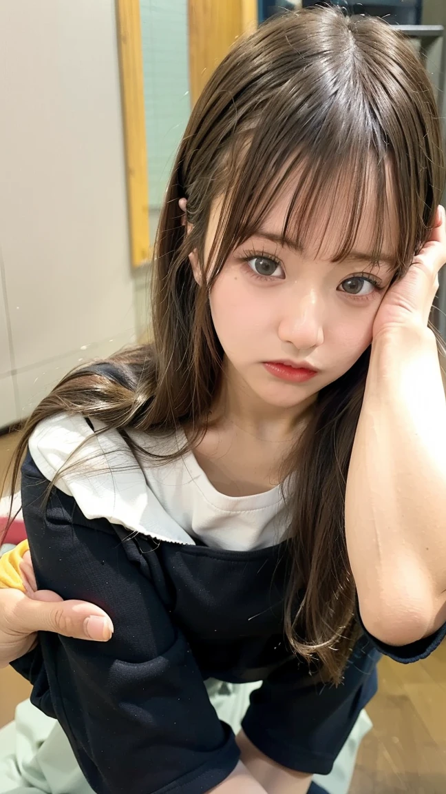 japanes、a beauty girl、One Girl、One-length ponytail、a baby face、A slender、tiny chest、bra very、12year old、a junior high school student、