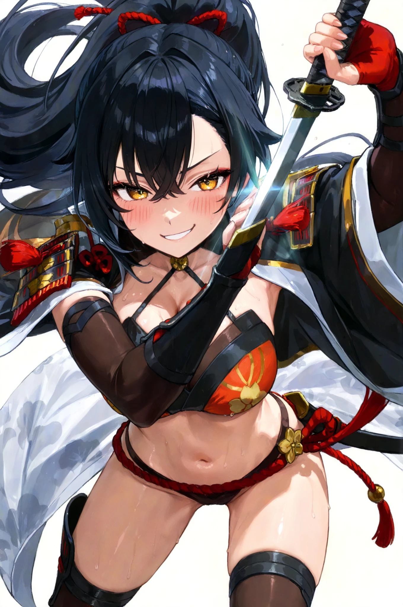 High quality, red eyes, black hair, big breasts, samurai woman, black bikini armor, sun rising in the background, samurai gloves, japonese clog, alone woman, full body.