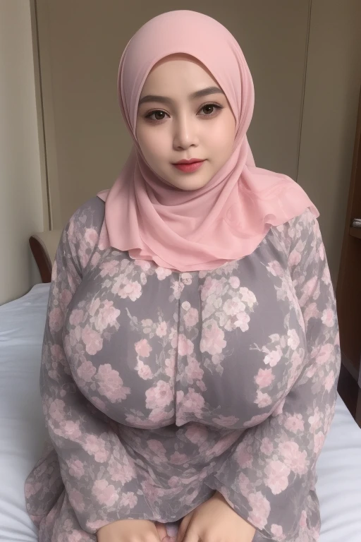 Sex pose, (huge breasts:1.5) enormous droopy breasts, macromastia, sexy pink lace silk shirt with long sleeves, hijab, perfect nose, perfect lips, perfect eyes, detail :1.2), soft smile, pretty face, red lipstick, ,