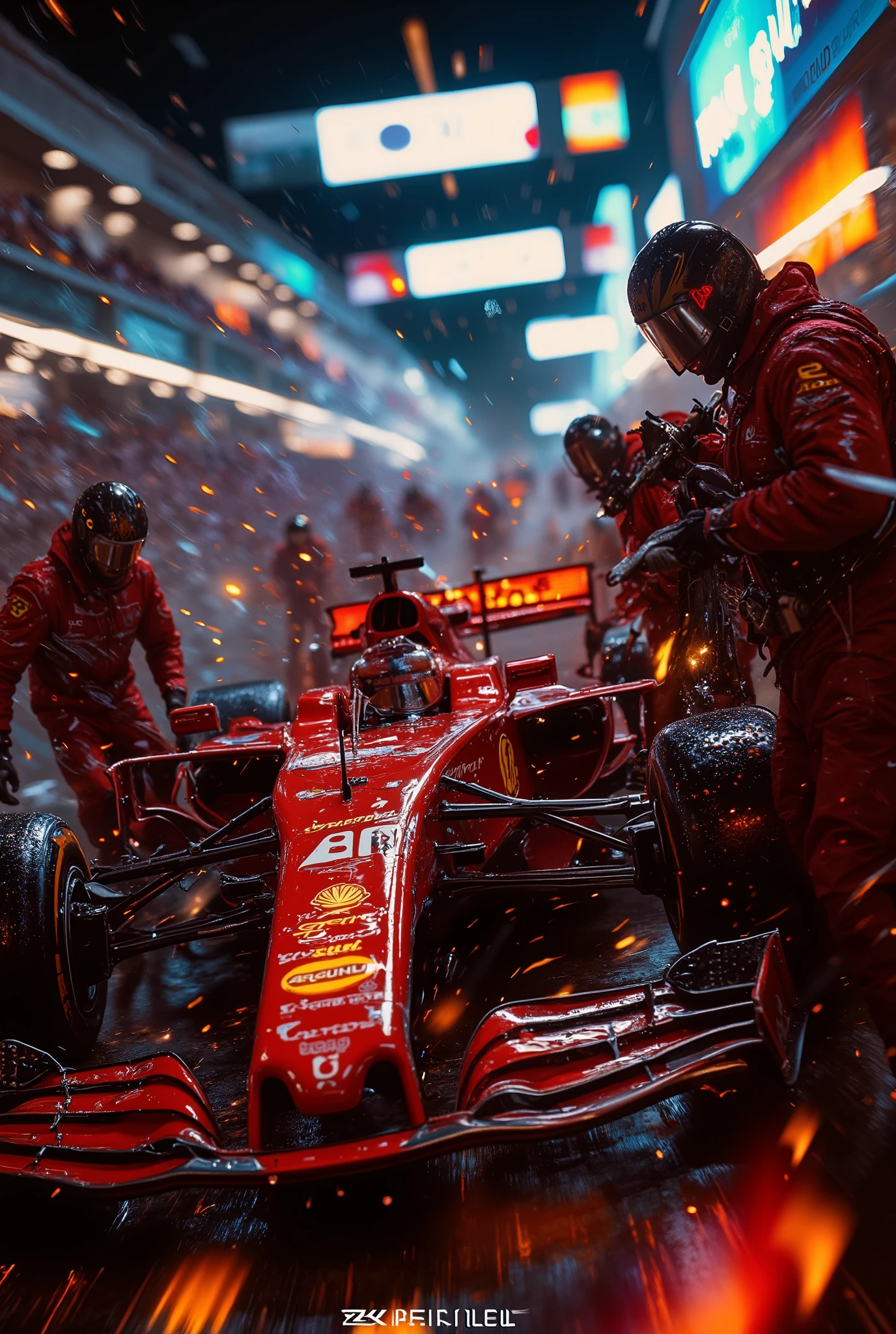 Ultra-detailed dynamic Formula 1 night pit stop. A red Ferrari car with glowing brake discs is surrounded by mechanics in fireproof suits changing tires. Sparks fly out of the wheel nuts, raindrops reflect neon lights. Blurred images, low camera angle, chaotic atmosphere. The film crew is in action: one wipes the visor, two with pneumatic wrenches, the rest hold the fuel hose. The crowd and the LED screens in the background are blurred. Cinematic lighting, 8k, HDR, Arri Alexa shooting, f/1.4 depth of field, Ultra realistic textures -ar 16:9