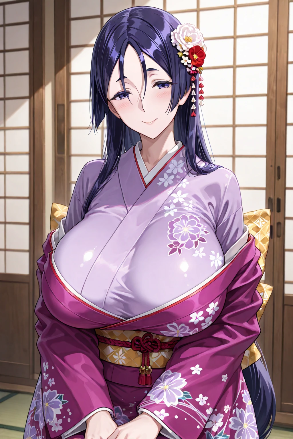 A girl with long straight purple hair and purple eyes with tan skin and full breasts standing straight facing the viewer in a kimono, perfect,