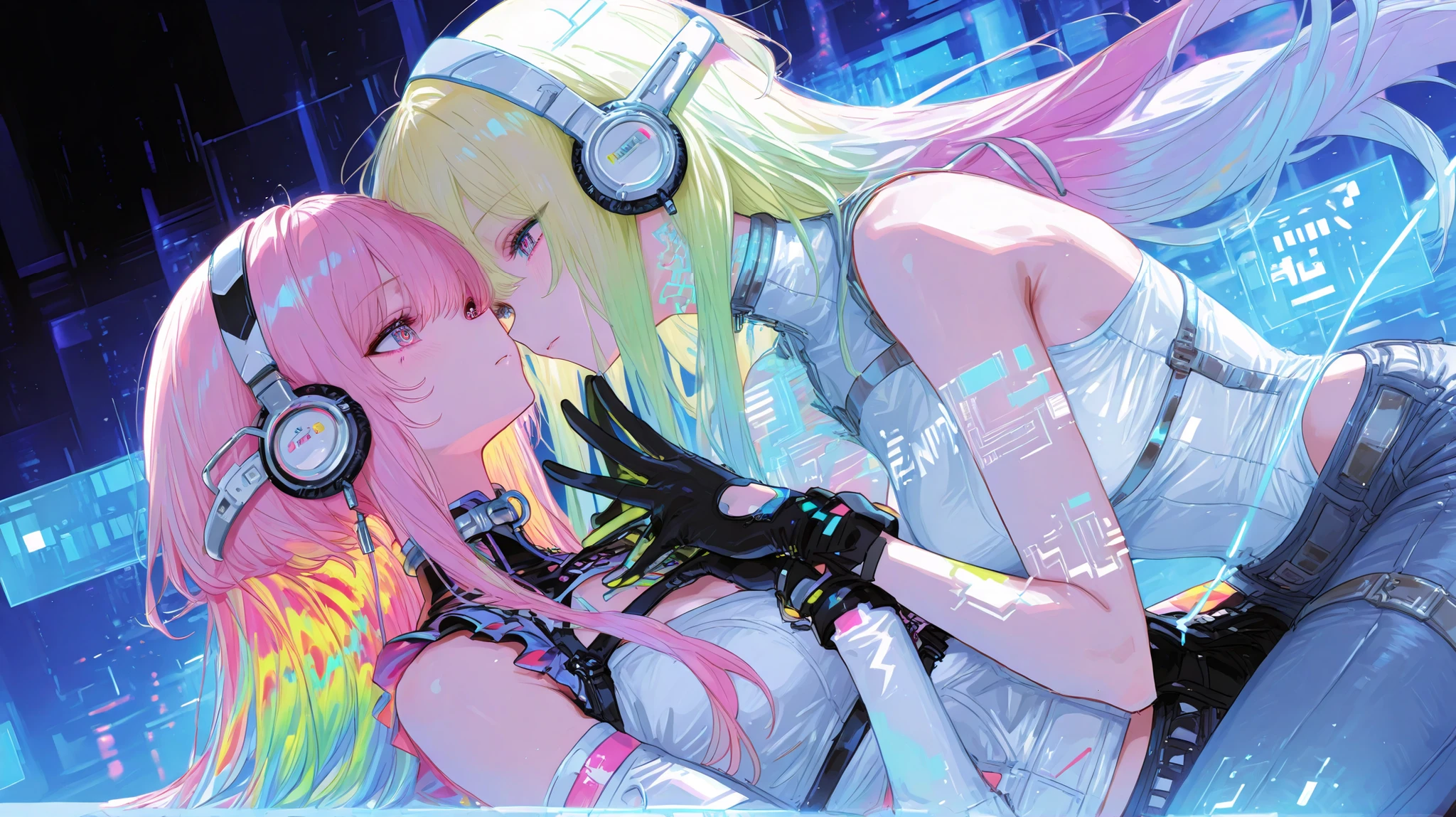 (Two Women :1.3)、two cool women、dynamic、Cyber Fashion、headphones, Song、amazing、top quality,Cyber World Background,amazing、Poses with Movement、fantastic、gloves、colorful long hair、Beautiful painting、Feeling Fast、Hologram