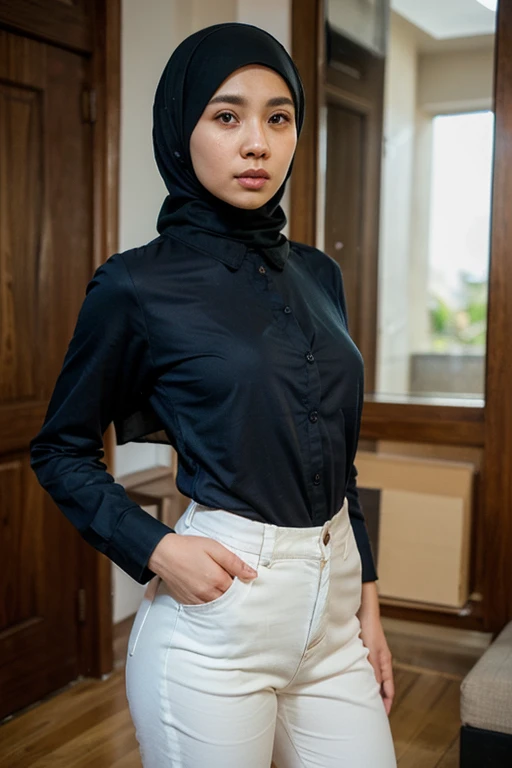 ((GOTHIC BLACK LIPS)), 10 years old, baby face, adorable, 1 girl, (face to face), 10 years old, baby face, happy, half body portrait, (face details: 1), (eye details: 1), ((big breasts)). wearing transparent transparency long shirt, ((hijab)), .. Cute posed. proportional body. Ultra High Res. realistic: 1.4, UHD, ((VERY SHORT PLAID PLEATED SKIRT)), ((BIGGER:1.5))