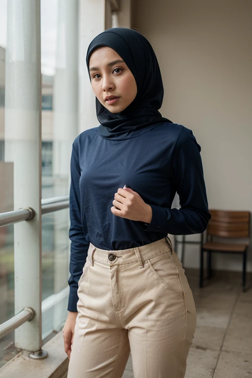 indonesian woman 35 years old wearig long shirt, deep blue jeans, hijab