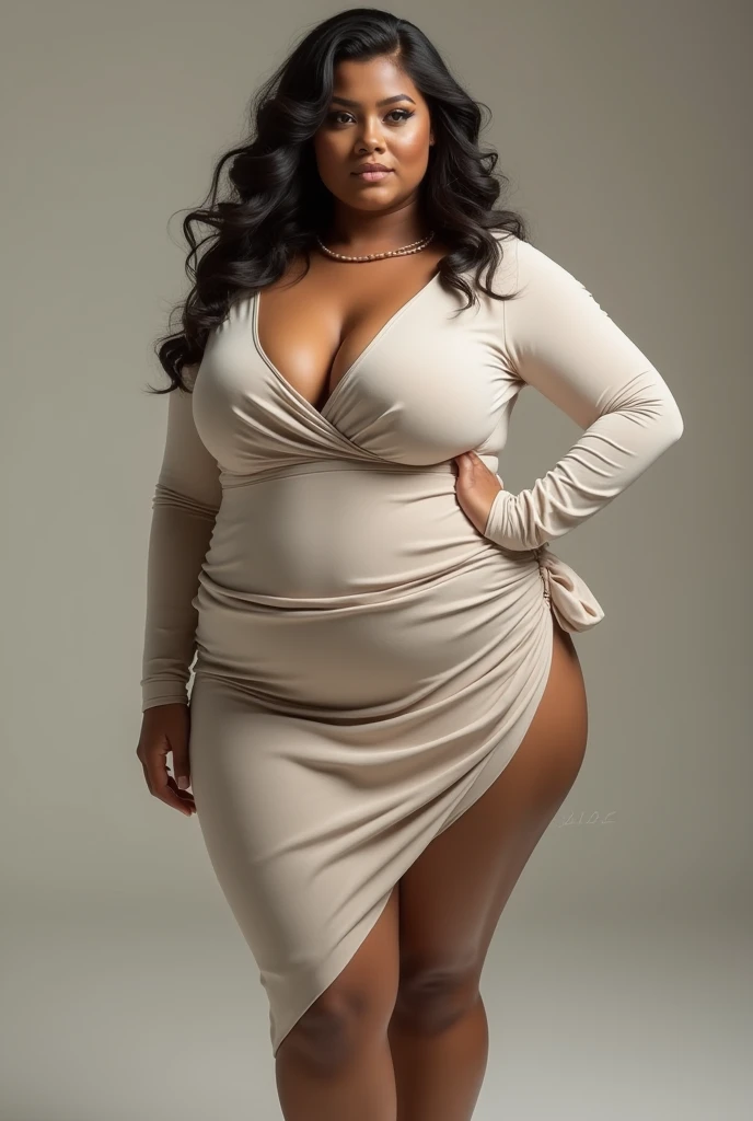 Curvaceous African woman, jovem, Beautiful, without cloths ,olhos grandes, long eye lashes, long flowing dark brown hair, usando vestido, brincos de perola, colar de perolas, seios grandes, Standing in a garden, ruins in background, fotorrealista, high resolution, Front view