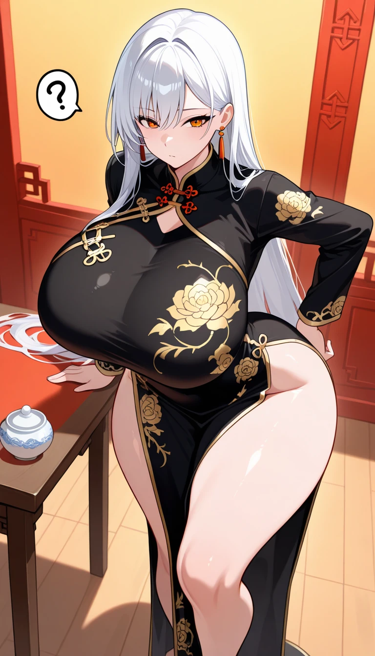 (masterpiece, best quality:1.3),extremely detailed,(nsfw),1girl,Sesshoumaru,sesshoumaru,mature female,(scornful eyes),yellow eyes,parted bangs,pointy ears,white hair,very long hair,red facial mark,forehead mark,alternate costume,arm at side,blush,breasts,china dress,chinese clothes,curvy,dress,elbow gloves,bare shoulder,sleeveless,cleavage,floral print,gloves,(blue and white porcelain gorgeous qipao,china dress,chinese clothes,dress),gigantic breasts,hip vent,print dress,indoors,holding a cup of Chinese baijiu,red lips,looking at viewer,parted bangs,sleeveless,solo,standing,thick thighs,upturned eyes,white thighhighs,wide hips,