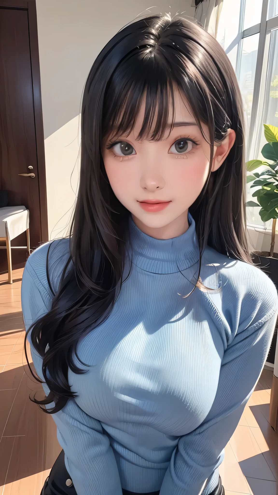 (((Upper body shot,Close-up photo)))、(((Shoulder-length brown straight hair,With bangs,Bun hairstyle)))、(((Against a light interior background)))、(((Turquoise Summer Sweater)))、18 years old、angry girl、D cup breasts、Protruding dot on chest、Light eye makeup、Ultra-realistic faces、High resolution 16K、Skin texture must be natural、Use natural light and color、 High-quality photos taken by model agencies.