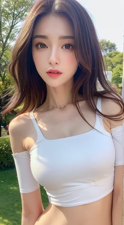 RAW photo, (best quality, 8k, 32k, masterpiece, UHD:1.2), ultra high resolution, (pretty a Korean teen girl of 13 years old), beautiful detailed eyes, semi long brown hair, bangs, (wearing magenta tank-top), large breasts, cleavage, portrait, (crowded city boulevard on a bright sunny day:1.2)