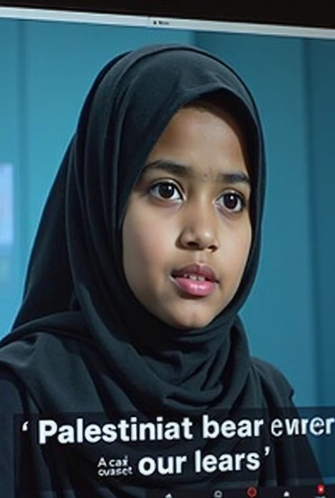 A eight standard Muslim girl, speak about herself on a mic, background banner "this is all about me" hd image size 4×3