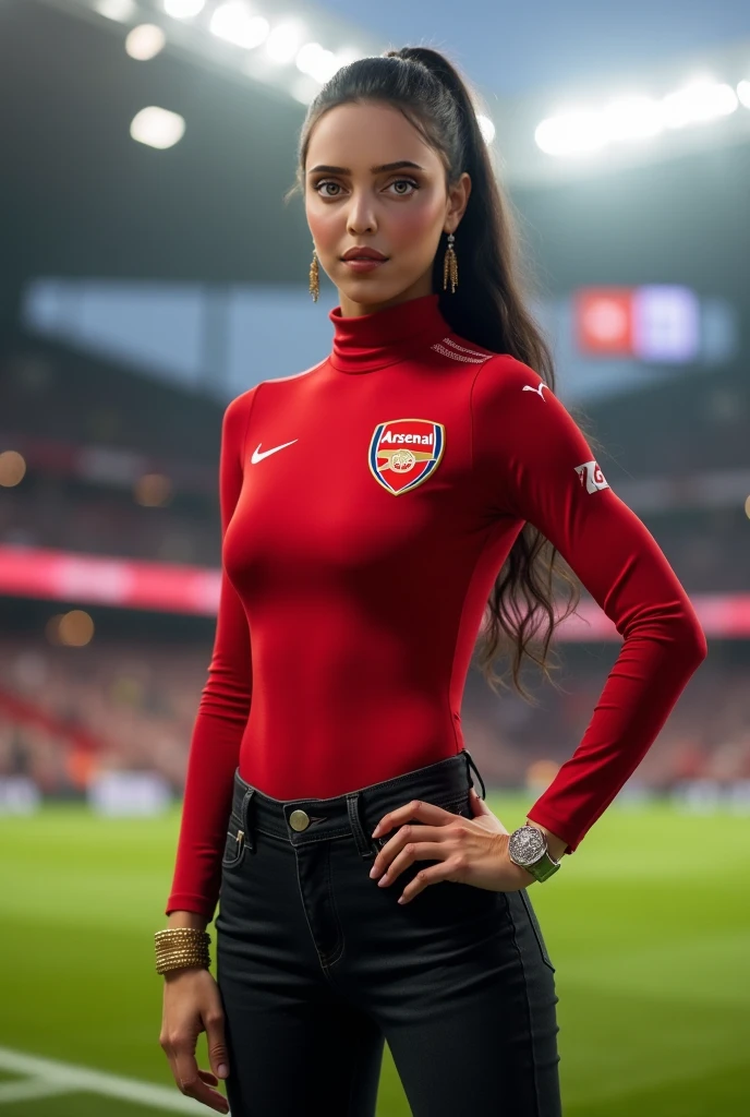 a beautiful young woman, Kim Kardashian, wearing a Qatar national football team jersey, detailed facial features, beautiful eyes and lips, long eyelashes, athletic muscular body, dynamic action pose, football stadium background, cinematic lighting, vibrant colors, detailed photorealistic rendering, art film style