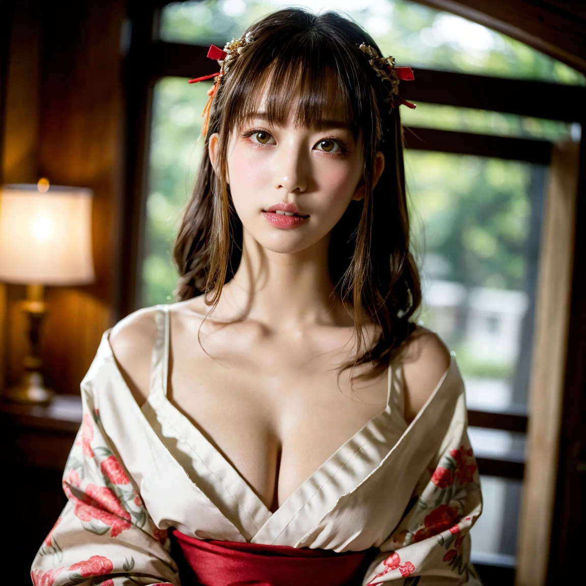 (((Wear a red kimono:1.8)), ((Cleavage:1.5)), ((Head to Knee:1.5)), medium breast:1.5, ((Standing pose)),((Six Pack:1.2)),Bun Hair,The body is slim, Detailed face, Beautiful Eyes, Detailed lips, high quality, 8k, Realistic, masterpiece, Very detailed, complicated, elegant, Sensual, erotic, Cinema Lighting