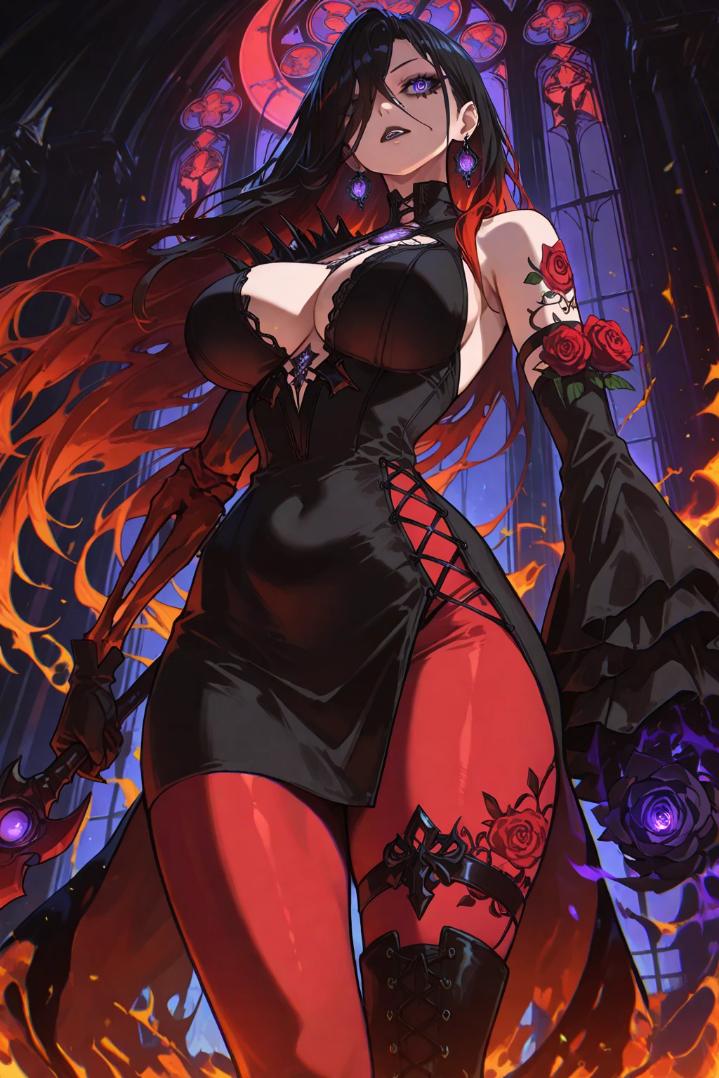 Red-haired semi-long、black tights、Black Dress、devil、wing、Slanted Eyes、Standing、Big Breasts、Red heel、Succubus、1 female、