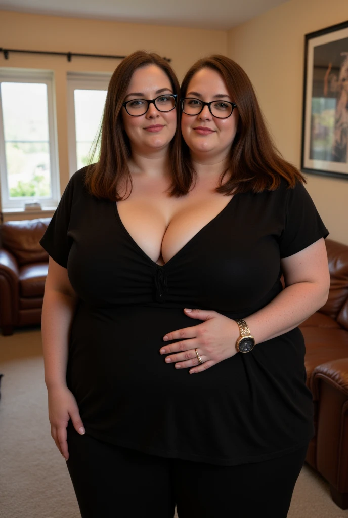 best resolution, 2 heads, cute chubby woman with two heads, conjoined, blonde, short hair, long hair, eyeliner, 25 years old, flirting, tanktop, pants, sitting at home waiting for you,