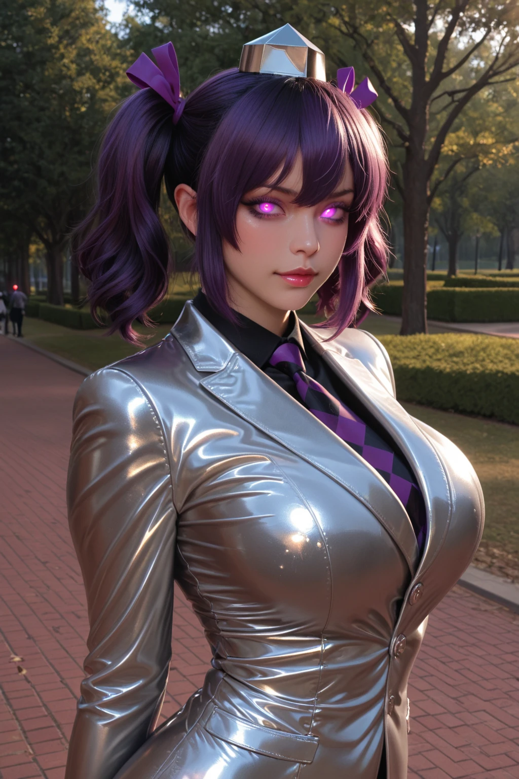 (ultra realistic,32k, masterpiece:1.2),(high detailed skin:1.1),( high quality:1.1),
<lora:Hex_Maniac_Pokemon_v2:0.8>(angry:1.1),hex maniac (pokemon),long hair, ahoge, purple hairband, purple eyes,long dress,A Bnech at night, lake, Cherry Blossoms, Trees, Moon, Starry Night, light nebula blurry background,(looking at viewer, standing, from above:1.1),, (huge breast,large breast:1.1),<lora:add_detail:0.84>,
(iridescence:1.1),