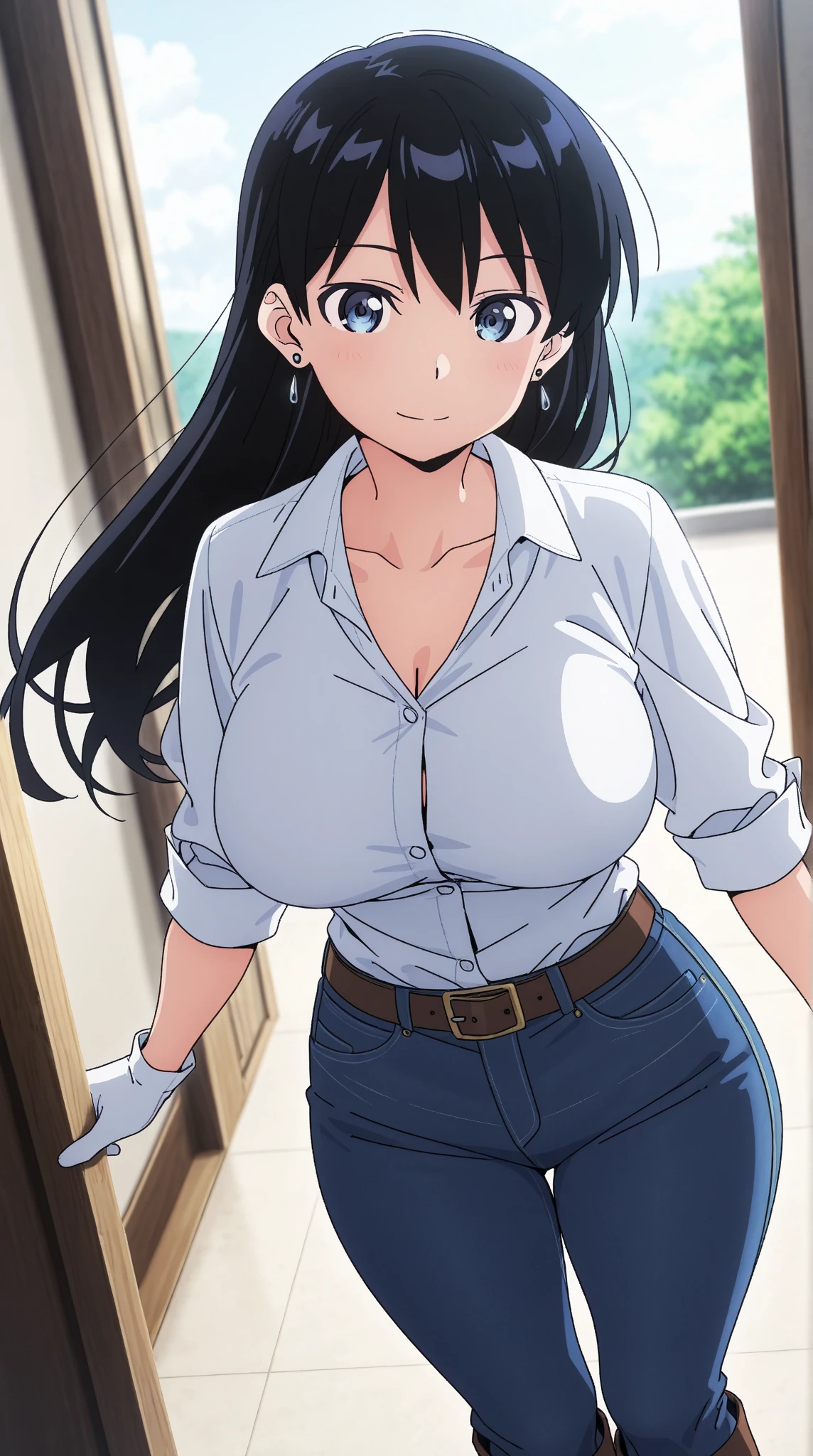 (masterpiece), (best quality), (ultra-detailed), ((girl, 29 years old)), an extremely delicate and beautiful, detailed eyes, minute details, (black hair, long hair, straight hair, hair between eyes), ((big breasts)), smile, open mouth, ((beautiful eyes)), (blue eyes), (upper body), she is wearing a blue dress, (detailed clothes), (detailed background, in a hospital, hospital hallway), (monochrome)
