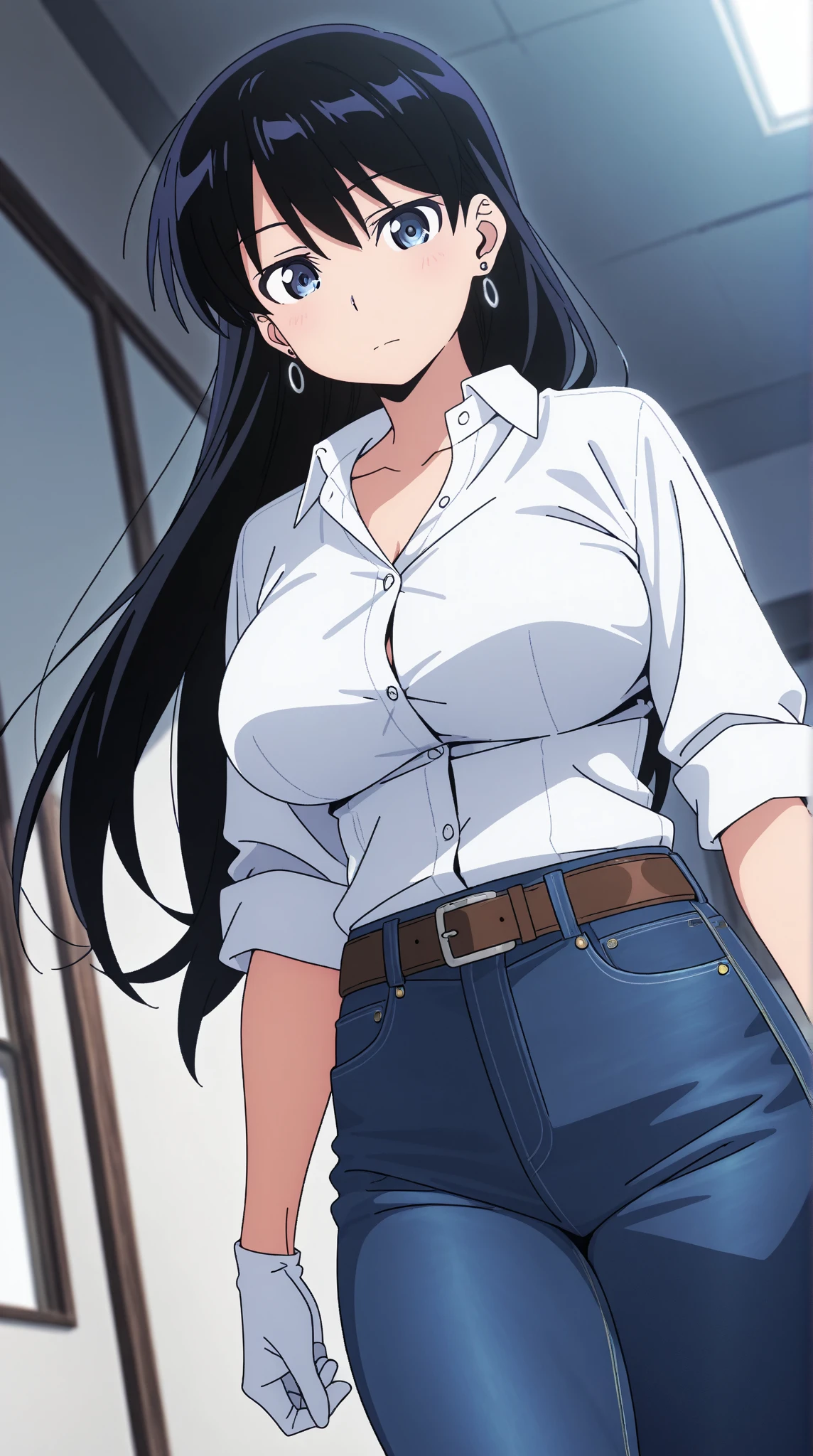 realism,beautiful lighting,(((1girl))),((black hair, sideswept hair bang,long hair)), tall body ,glasses, wet tshirt, blue jeans, massive fart, yellow smoke, velocity blush, clenching teeth, standing body, frontview