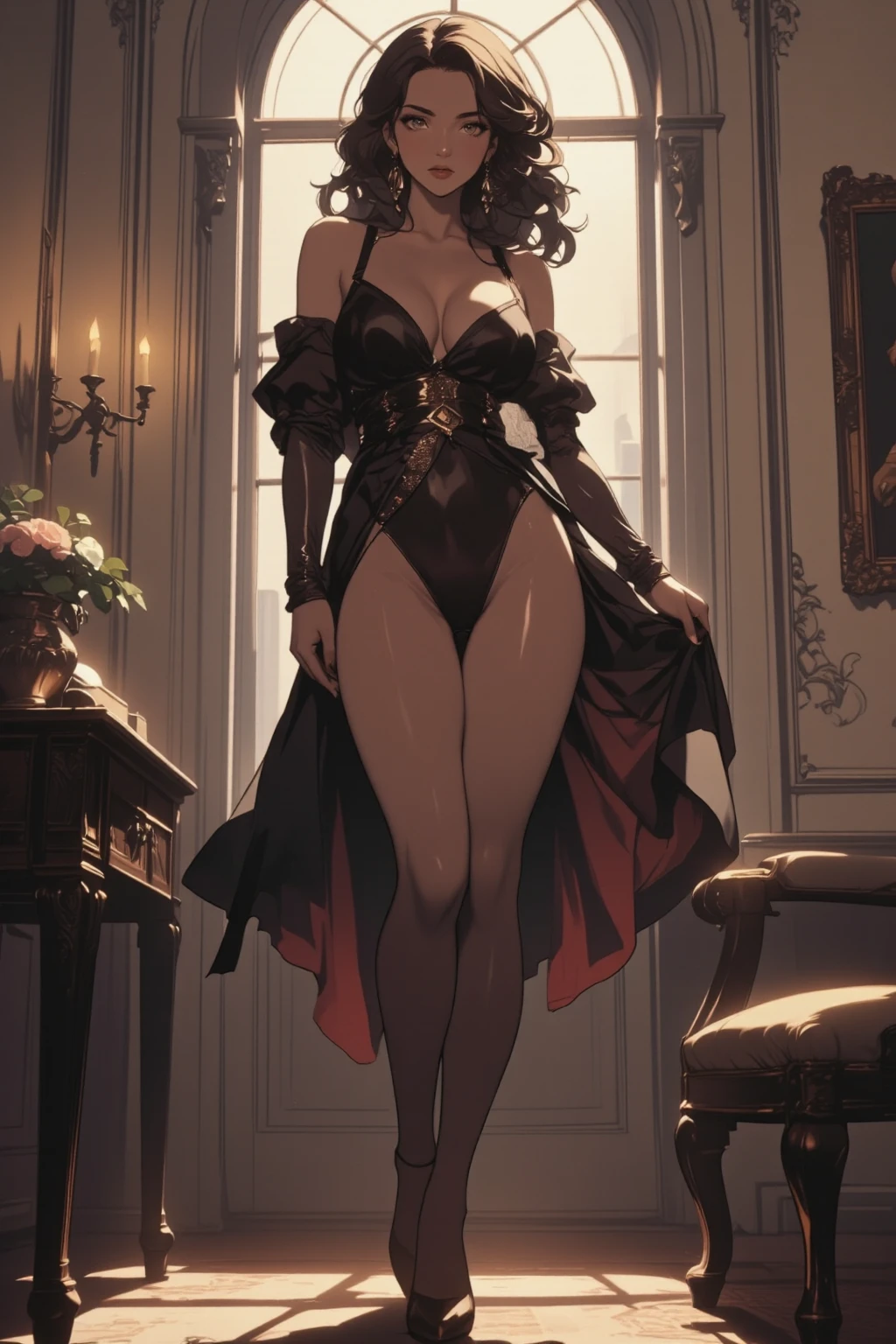 (ultra-detailed, photorealistic, best quality, 4k, highres, masterpiece:1.3), Madame Seraphina Valenforde, age 30, with long, flowing raven-black hair styled in an intricate updo adorned with jeweled pins, deep emerald green eyes, fair complexion with a small beauty mark just below her left eye, wearing a provocative and seductive outfit made from luxurious velvet and lace, featuring a plunging neckline and a corset-style bodice that accentuates her figure, the gown has sheer lace panels and a high slit in the floor-length skirt, exquisite jewelry including a choker necklace with a large emerald pendant, intricate earrings, multiple rings on her fingers, holding a delicate, lace-trimmed fan, opulent interior of her brothel in the background, rich decor, plush furnishings, warm and inviting atmosphere, reflecting her elegance, charm, and the power she wields in the city of Eldoria Prime, (intricate detail, super finely detailed hands, ultra finely detailed fingers, full body showcase, show full body).