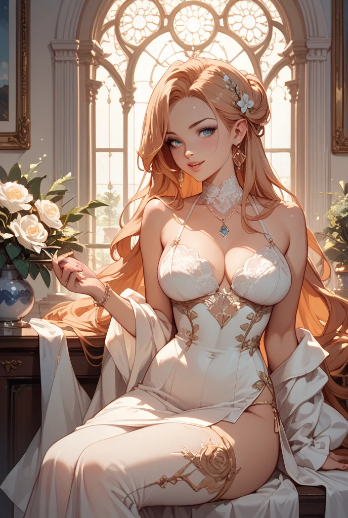30 years old,Very detailed,Beautiful girl, , Playful and engaging. The girl's dress is delicate, Flowing fabric that dances in the wind. The colors are soft pastels, Reminiscent of the wildflowers that surround her. The bodice fits snugly, Features intricate embroidery and beading that catches the light. The skirt is soft and flowing, When she moves、The fabric is soft and rubs against each other. The overall impression is one of timeless elegance and grace..