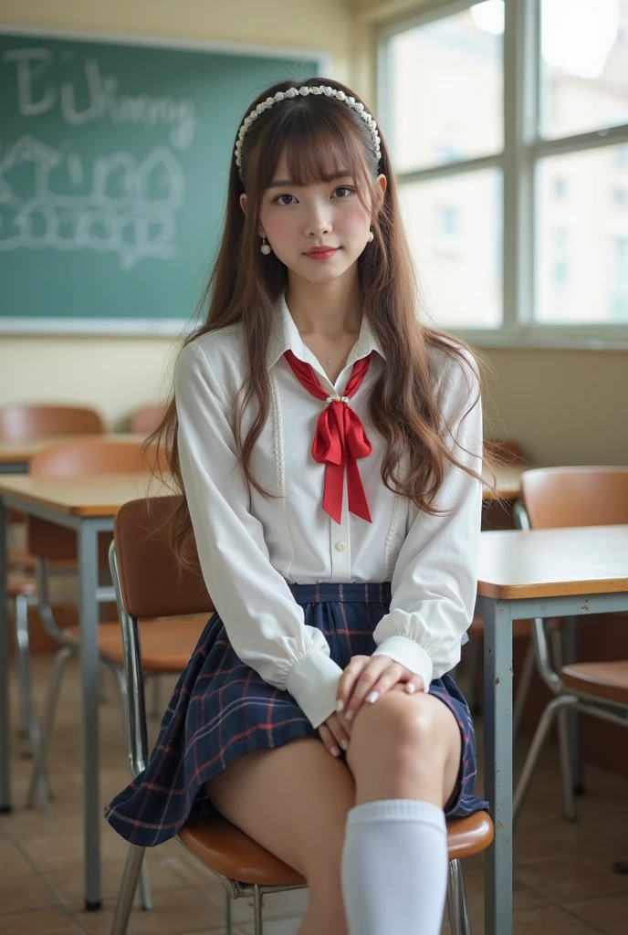 A schoolgirl in a very short skirt sitting on her teacher's desk with big tits and the teacher talking to her