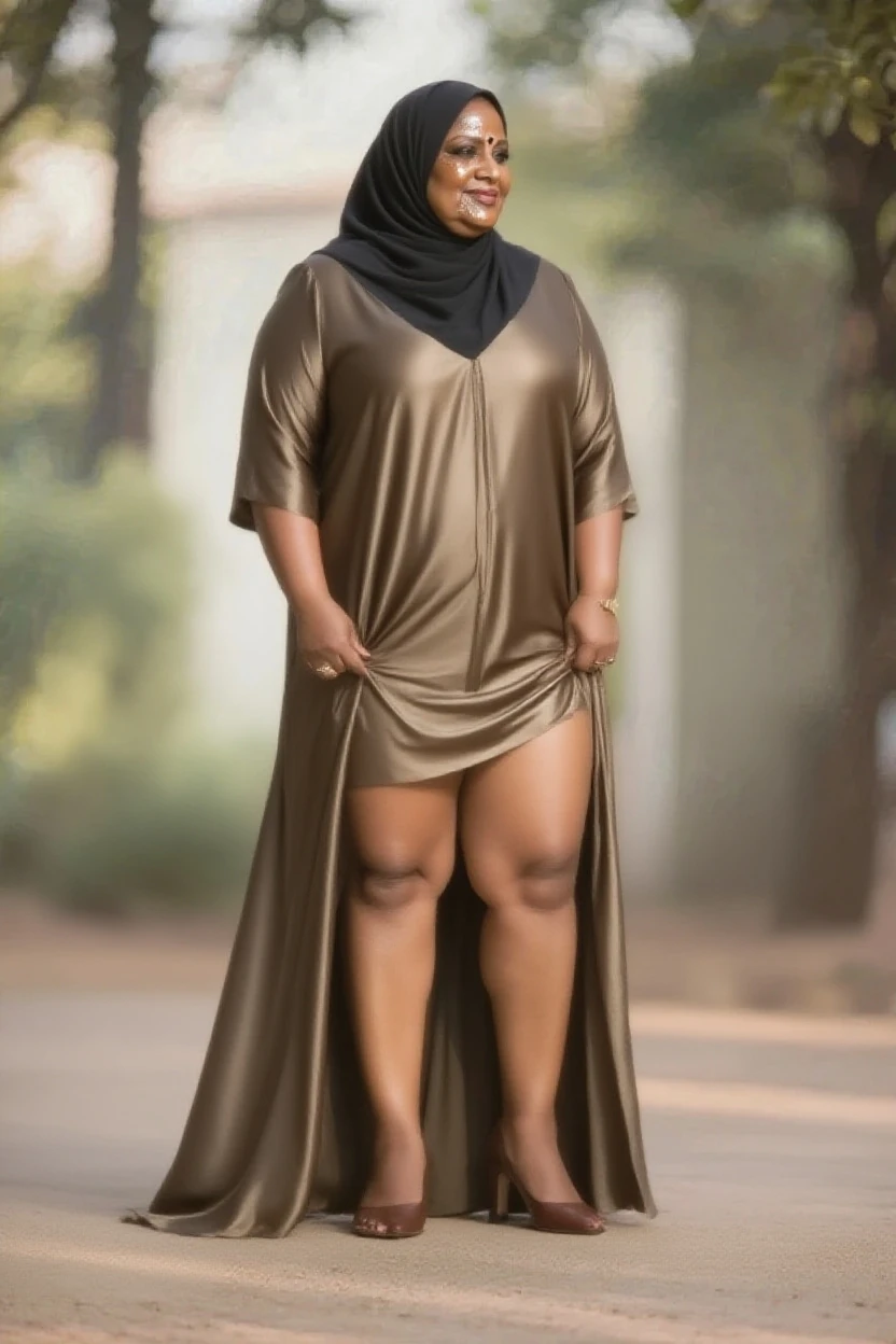 MASSIVE HIPS, MASSIVE BUTTOCKS, translucent (khaki plastic) leg warmers, UHD, She's a dark skin melanin Goddess, translucent puffy MASSIVE sleeves skirt, rural sidewalk, with infinitely small waist, tiny thin waistline, tiny waist, high top fade cut, no nudity