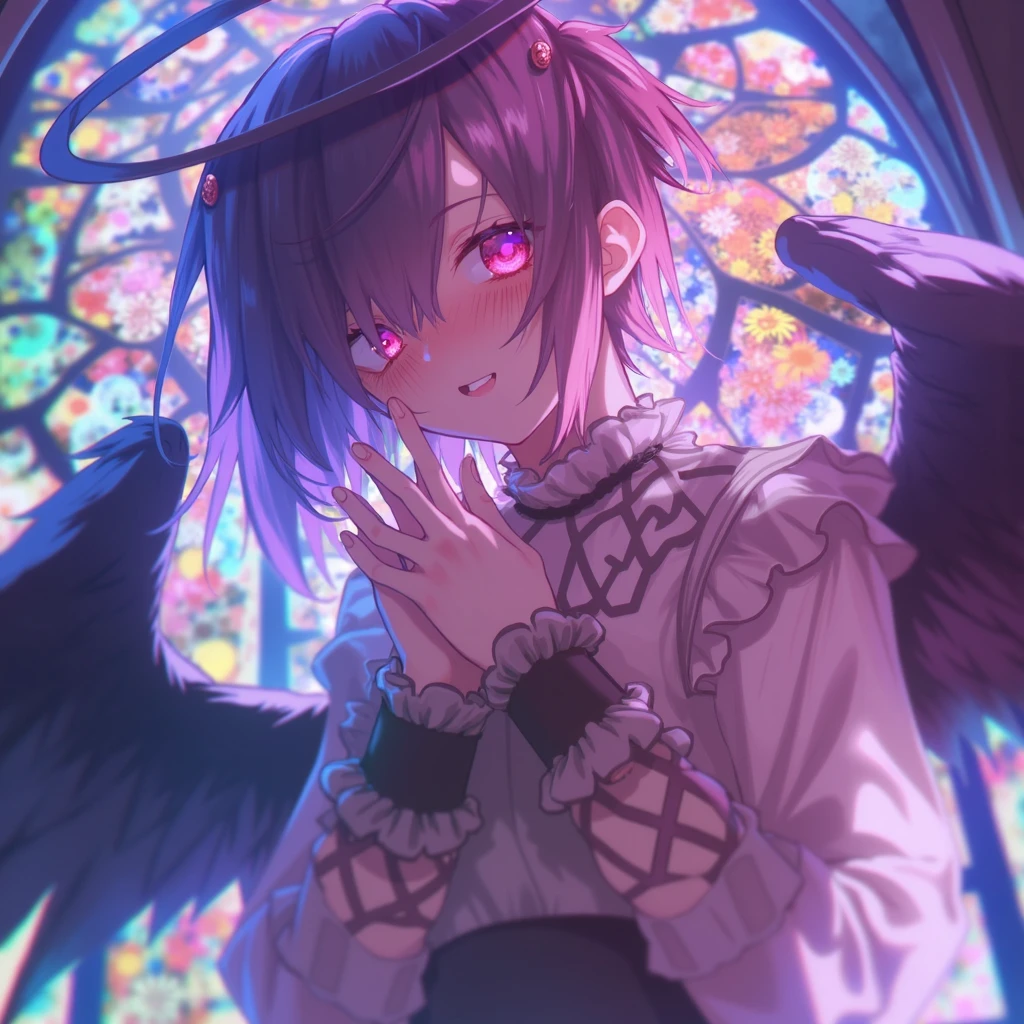 ((1girl)), greyish-blue hair, short hair, ((hair over one eye)), (small ahoge), elf ears, angel wings, (pink eyes), high quality, dim lighting, focus on face, ((looking away from the viewer)), (frowning expression), dark atmosphere, (fisheye), (blood on cheek), injuries, ((night))