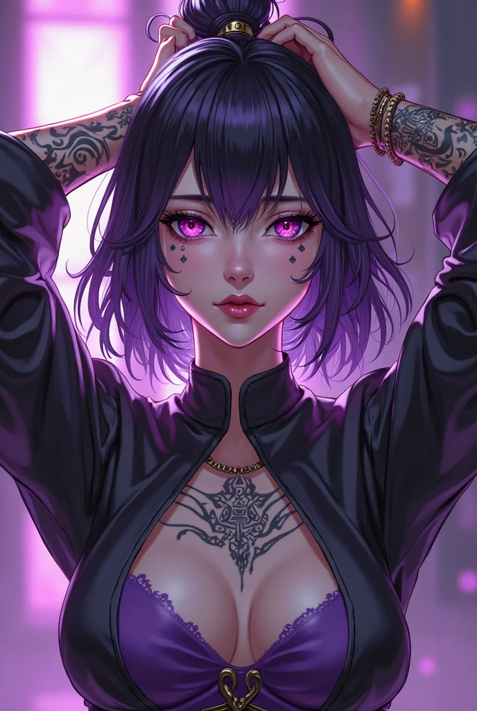 A character design for a manga who has an eyepatch, is 19 years old, and has purple-dyed hair tips in a Jujutsu Kaisen style.
