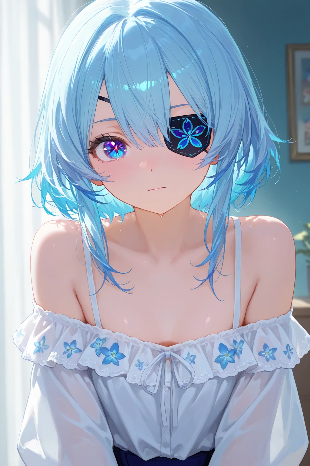 masterpiece, best quality,ultra-detailed, realistic,rem,re zero, 1 girl, skinny body, blue hair, short hair, curvy hair, (perfect face), blue and yellow eyes, (perfect face), detailed eyes, (towel 1.5), (glitter:1.5), luxury interior, bathroom, (blushed), (shy), portrait,gold theme, glowing, latex, shining, 
