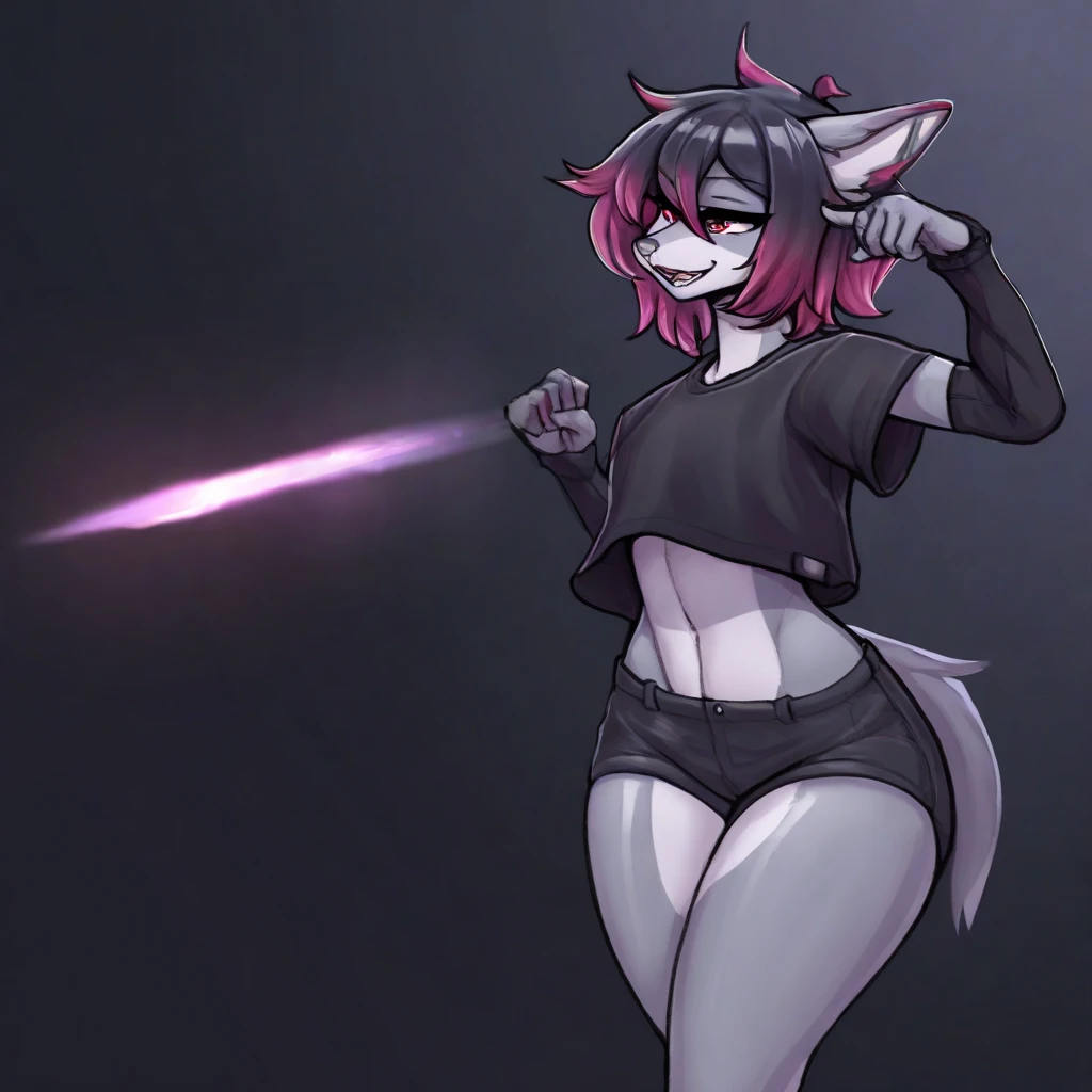 Furred dragon, 1 girl, undersized black hoodie, massive breasts, black body fur, red glowing eyes, Shadow Sword ,Dark area, dark aura, smiling, looking at you, blushing, synthwave area, No underwear, undersized clothes, getting dressed