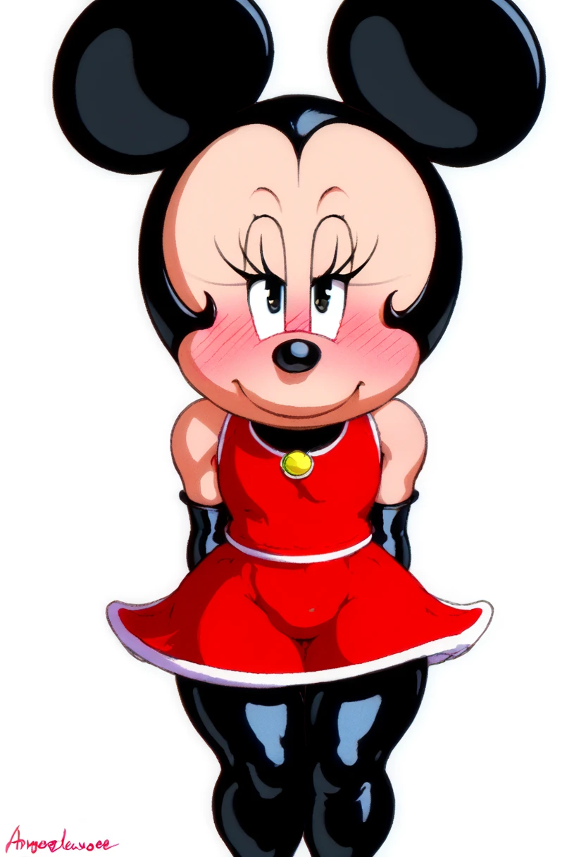 score_9, score_8_up, score_7_up, female solo, vibrant colors, expressionist coloring, furry, minnie mouse, (by angelauxes), flat chested, red dress, sleeveless dress, standing, two tone shading, athletic body, blush, face focus, looking at viewer, one eyebrown up, simple background, white background