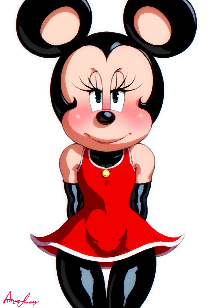 score_9, score_8_up, score_7_up, female solo, vibrant colors, expressionist coloring, furry, minnie mouse, (by angelauxes), flat chested, red dress, sleeveless dress, standing, two tone shading, athletic body, blush, face focus, looking at viewer, one eyebrown up, simple background, white background