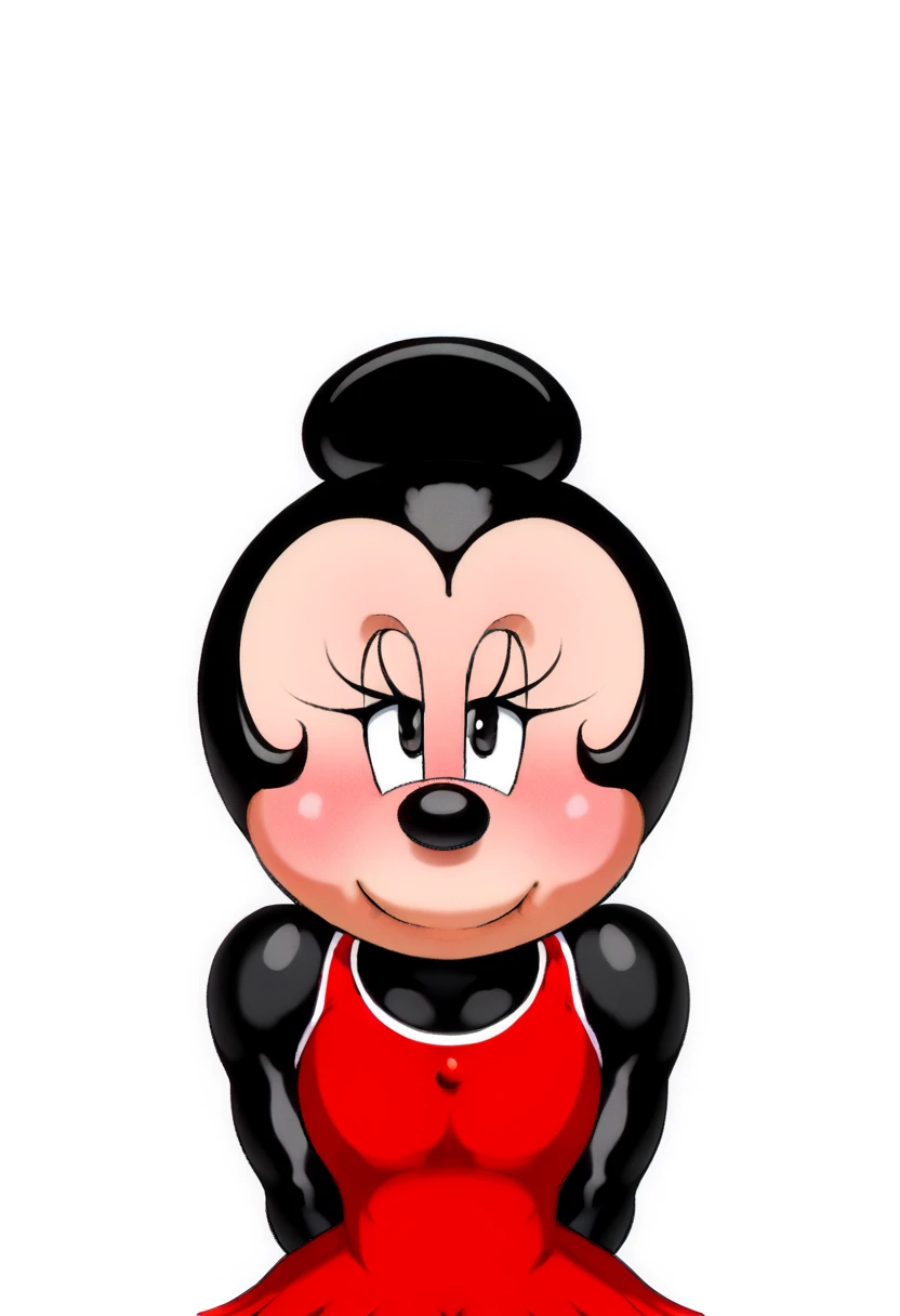 score_9, score_8_up, score_7_up, female solo, vibrant colors, expressionist coloring, furry, minnie mouse, (by angelauxes), flat chested, red dress, sleeveless dress, standing, two tone shading, athletic body, blush, face focus, looking at viewer, one eyebrown up, simple background, white background