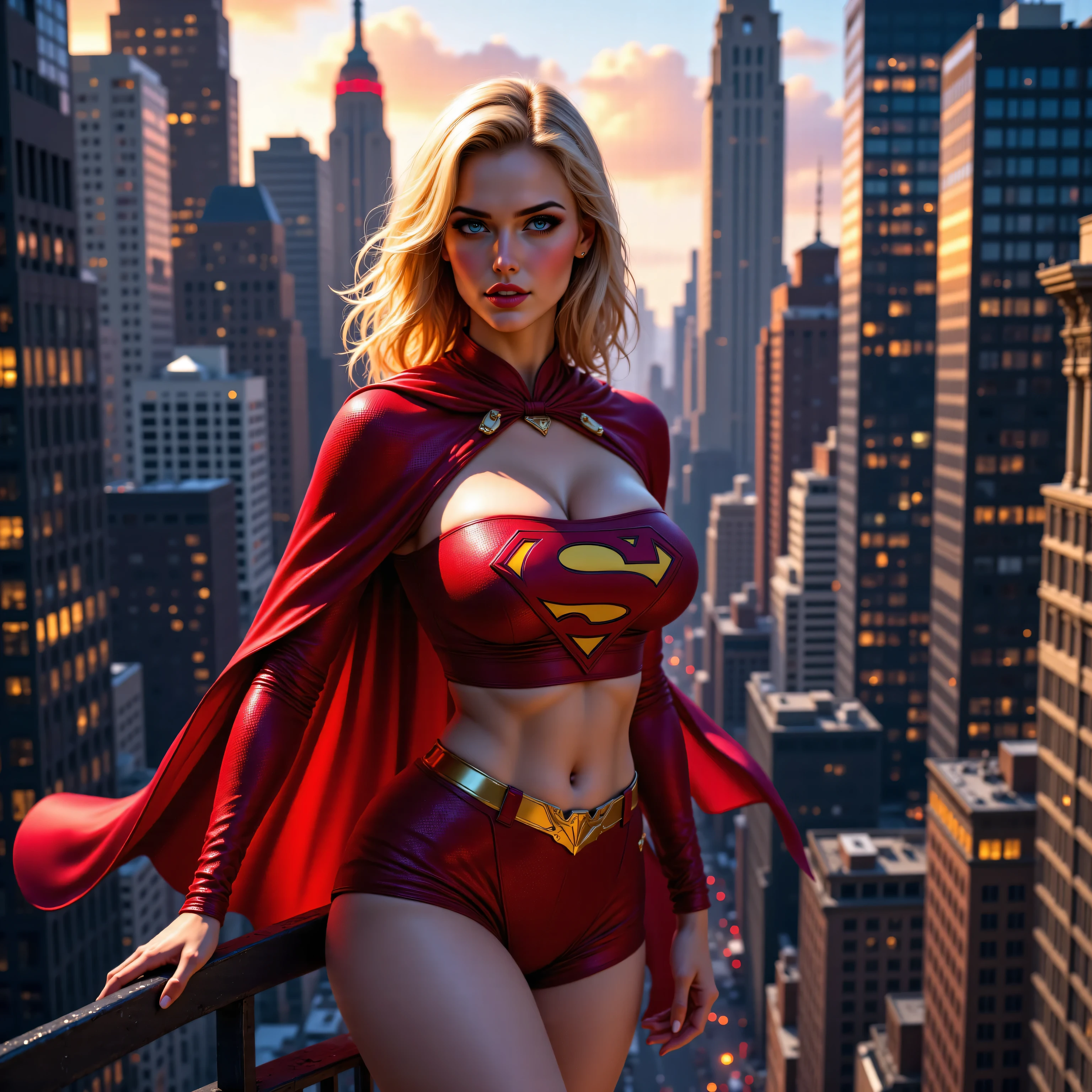 masterpiece, best quality, 1girl, supergirl,long hair,blonde hair,bodysuit,breasts,cape,belt,medium breasts,superhero,gloves,lips,blue bodysuit,belt buckle, curvy, toned, large breasts, ((cleavage)), narrow waist, ((midriff visible)), short red skirt, realistic, 3d, sunset in sky, cityscape, gotham city background, flying