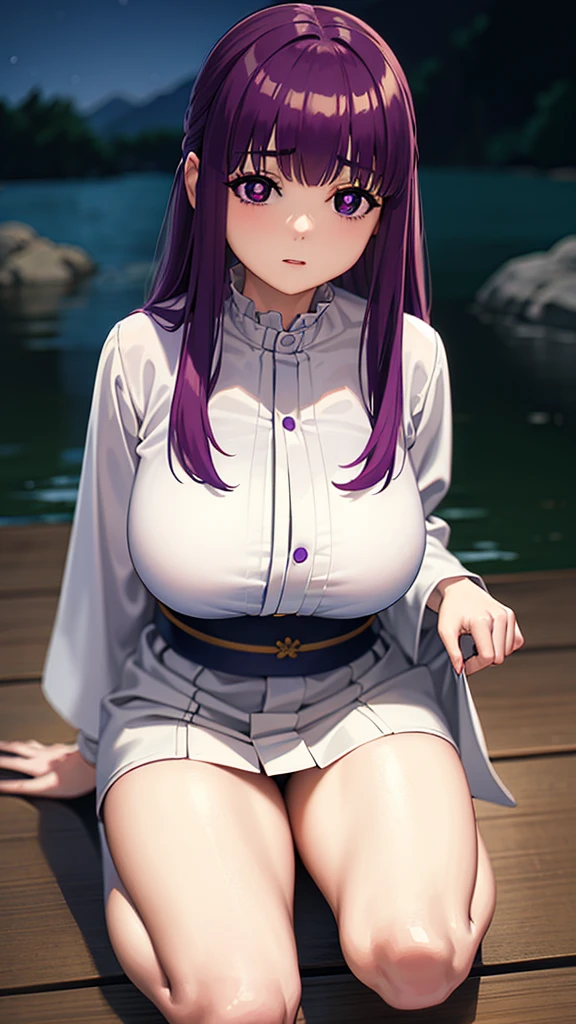 BREAK looking at viewer, BREAK (masterpiece:1.2), best quality, high resolution, unity 8k wallpaper, (illustration:0.8), (beautiful detailed eyes:1.6), extremely detailed face, perfect lighting, extremely detailed CG, (perfect hands, perfect ???????)fern, long hair, bangs, (purple eyes:1.1), purple hair, sidelocks, blunt bangs, (bright pupils:1.5),onsen,hot springs, night, half updo,
long sleeves,Japanese clothes,yukata, sash, cleavege,neckline,nipples,full body,stockings,from above,bend over,sitting,spread legs.