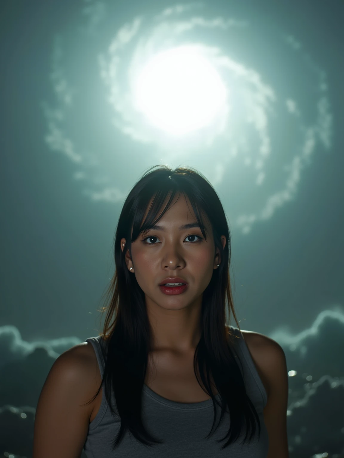 （（（（（（All Nude））））））（（（（（（（（Nipples、pubic hair））））））））1girl in,Very beautiful 16 year old Japan woman、beautidful eyes、cleavage of the breast、Night came、Severe thunder and rainstorms、the wind、cloudy ash sky、It's raining a little、Body like a model、JumpHigh-level image quality、Top image quality、Looking at the camera、Focus on the eyealdives、shores、I found a cave in the jungle and went inside.